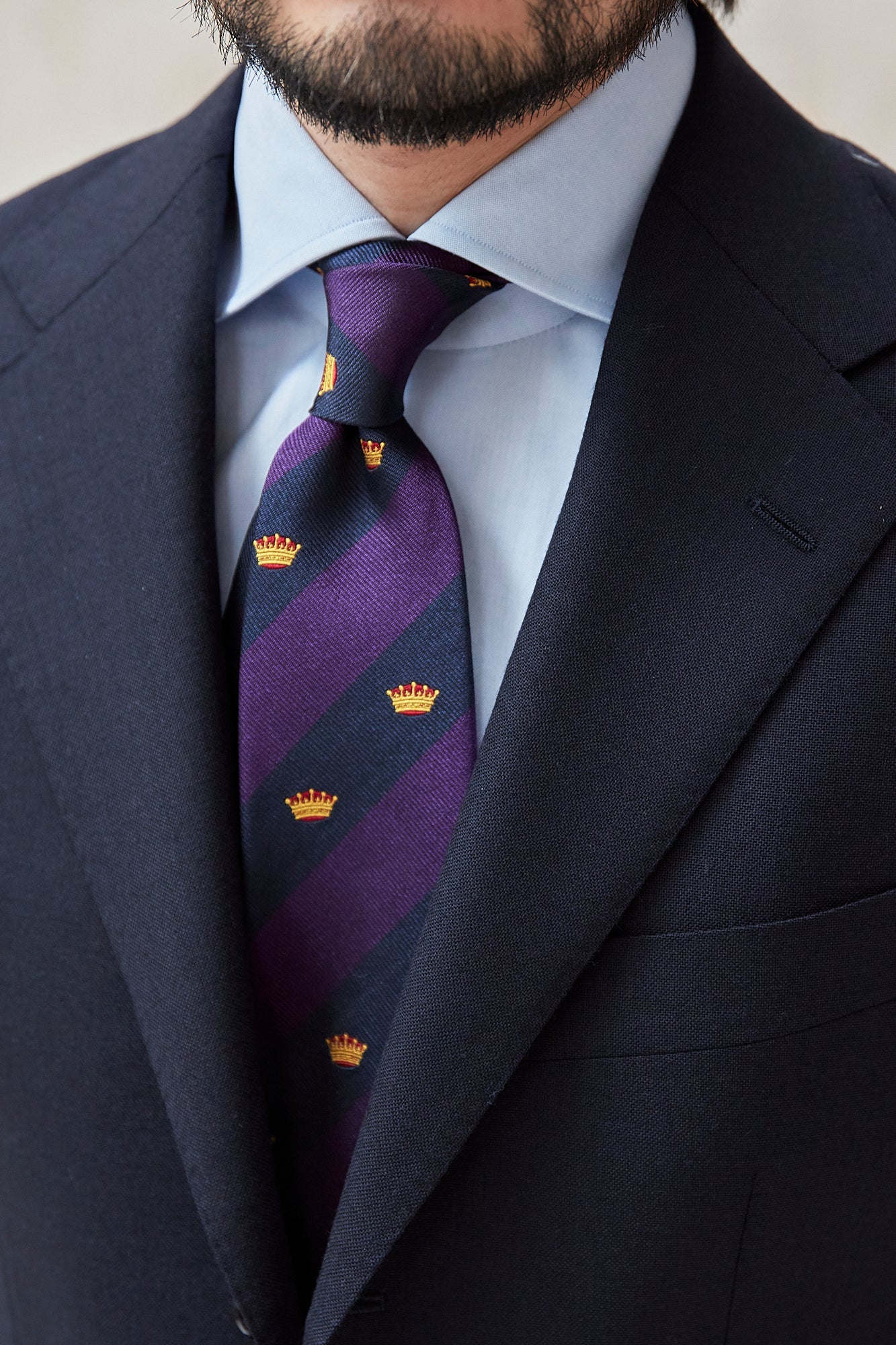 Drake's Purple and Navy Stripe Crown Silk Tie