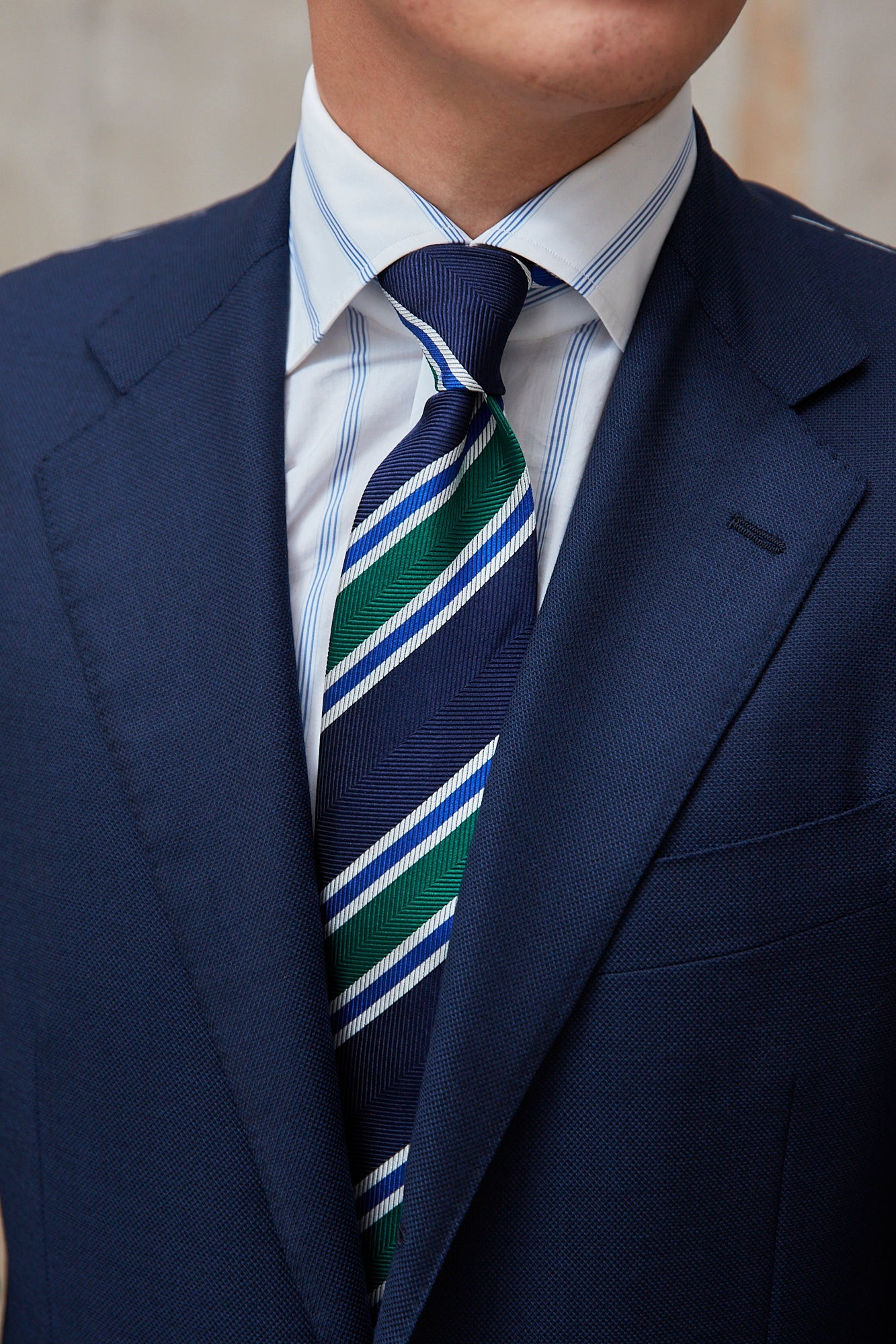 Drake's Navy with Green/White/Blue Stripe Herringbone Silk Tie