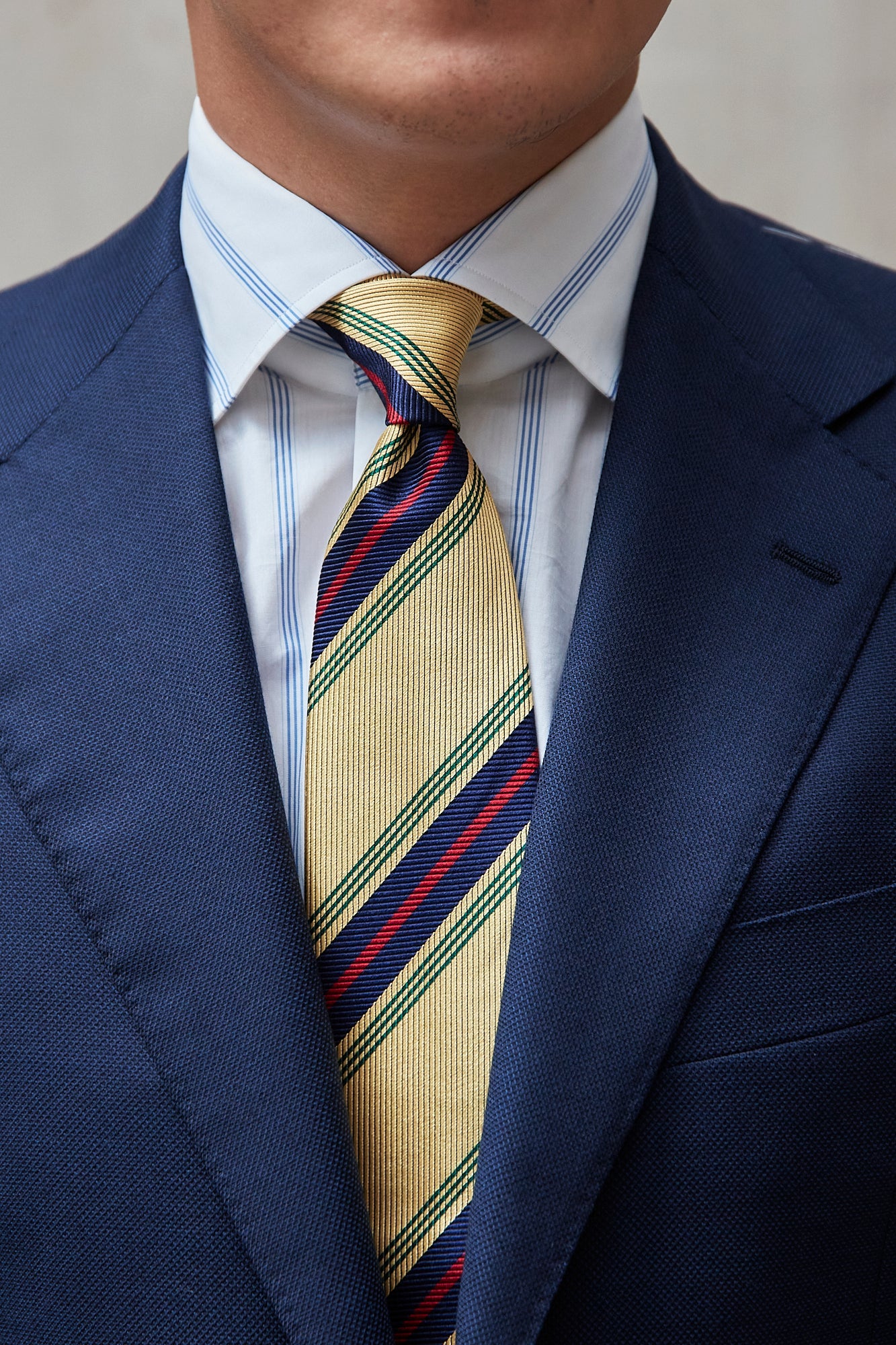 Drake's Yellow with Navy/Red/Green Stripe Herringbone Silk Tie