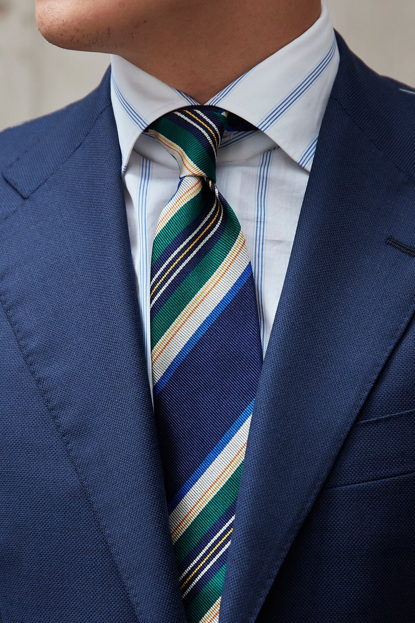 Drake's Navy with Grey/Green/Blue/Orange/Yellow Stripe Silk Tie