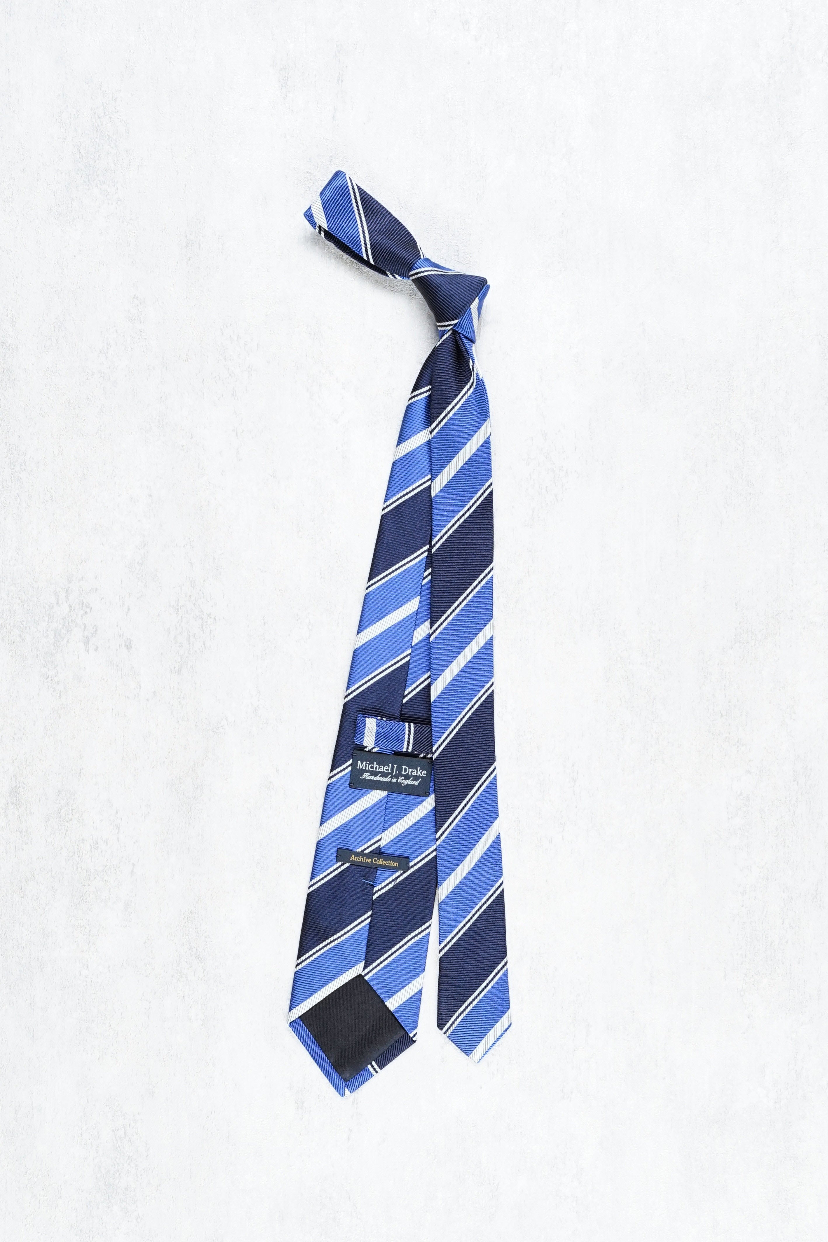 Drake's Blue and Navy with White Stripe Silk Tie