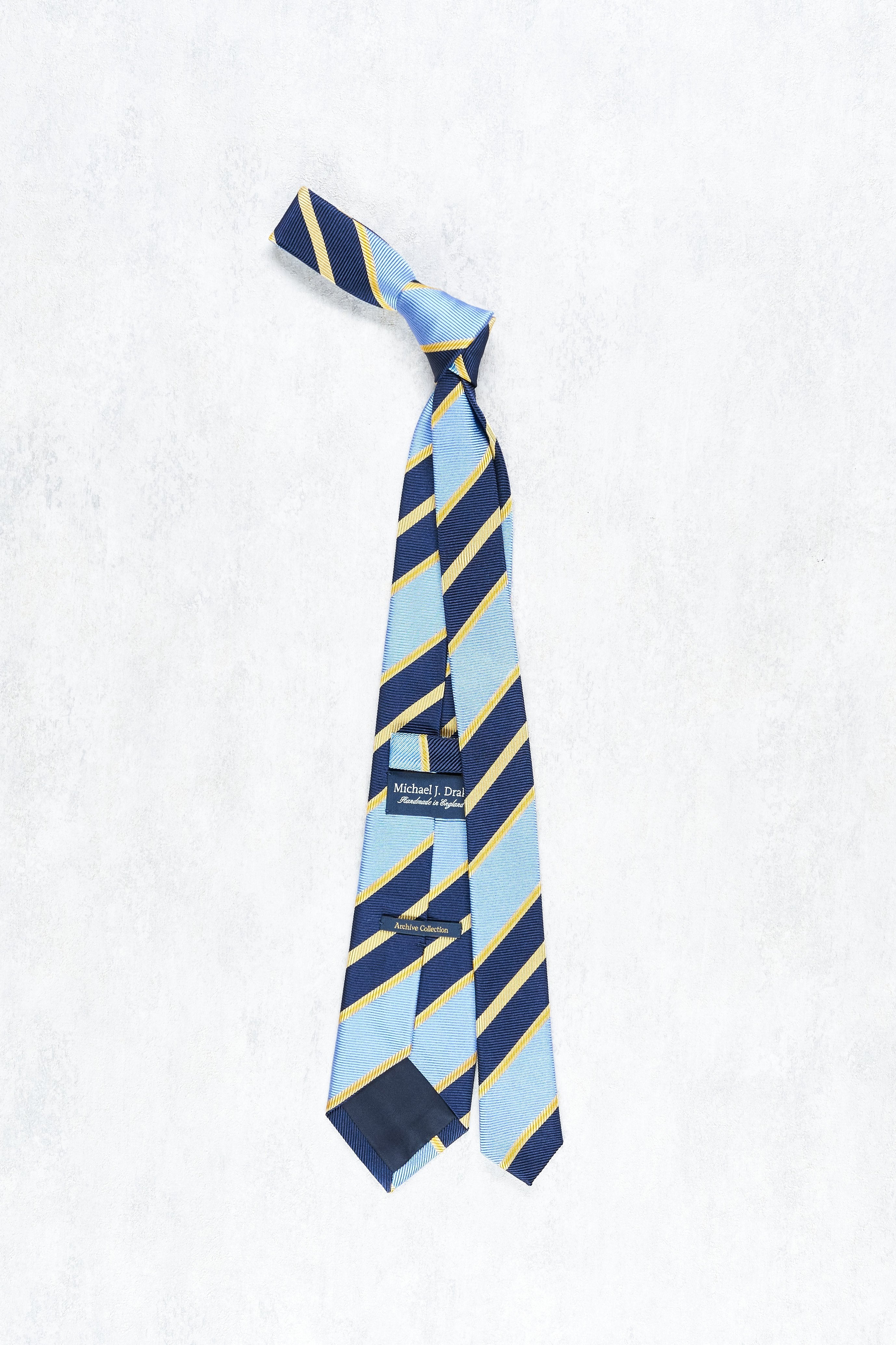 Drake's Light Blue/Navy/Yellow Stripe Herringbone Silk Tie