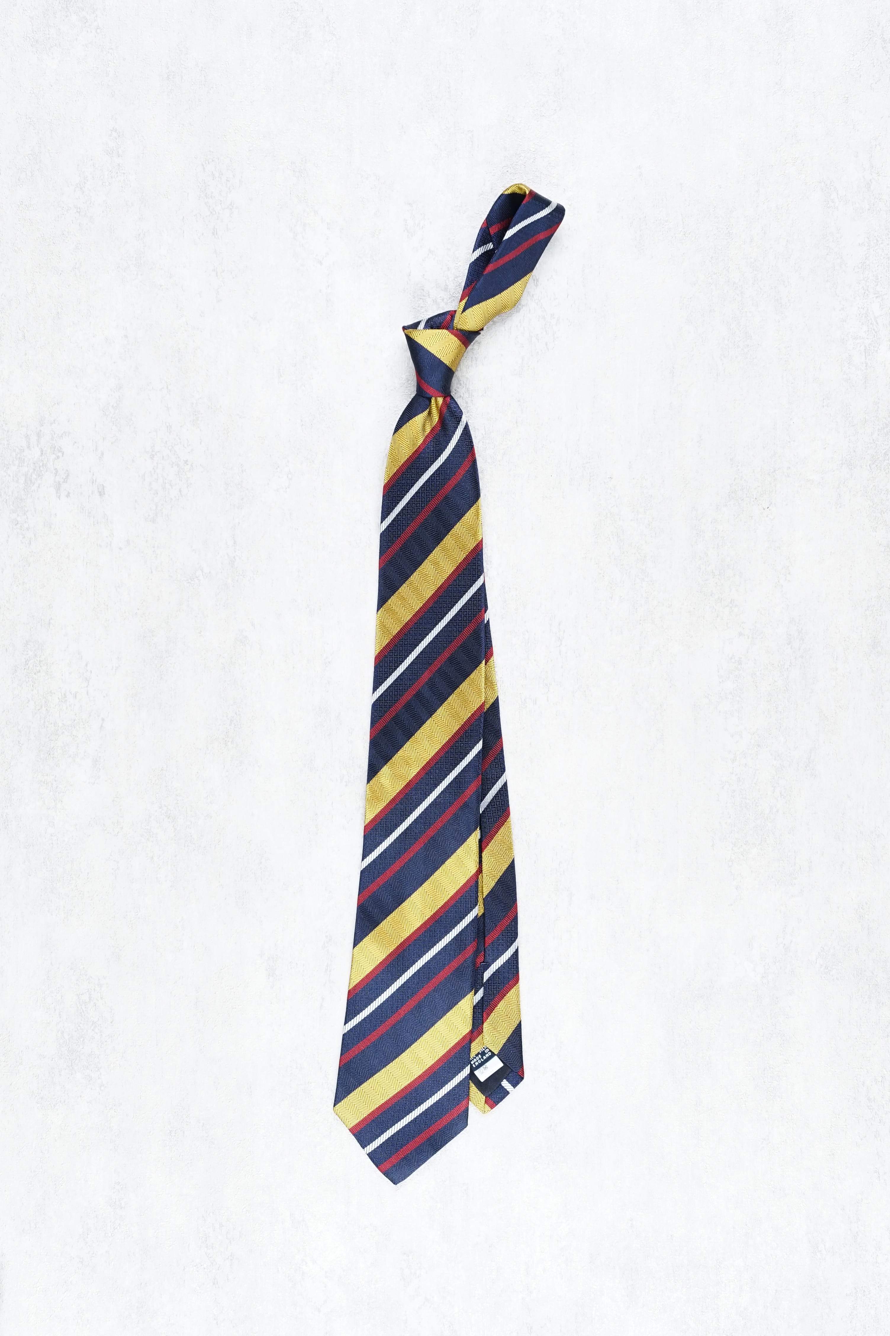 Drake's Navy/Yellow/Red/White Stripe Herringbone Silk Tie