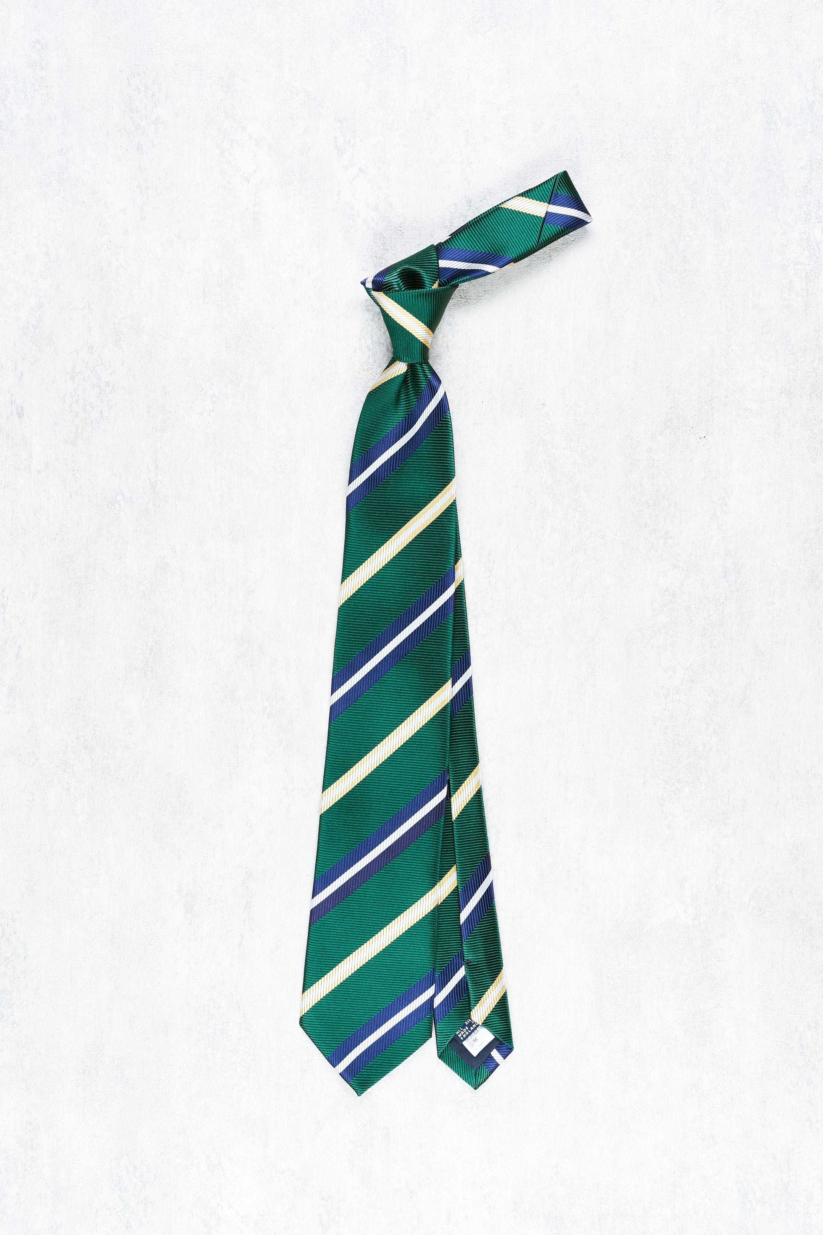 Drake's Green with Navy/Yellow/White Stripe Herringbone Silk Tie