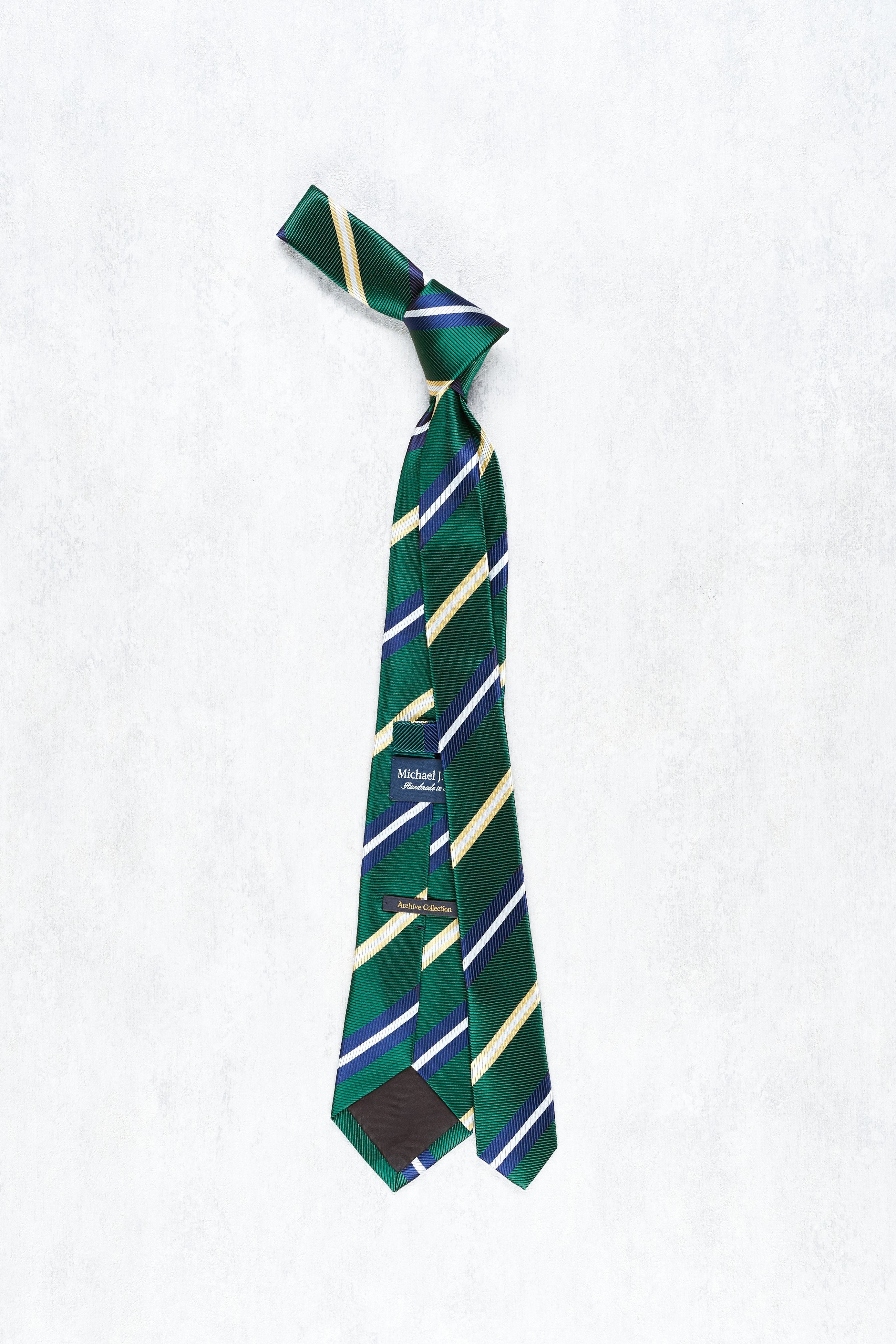 Drake's Green with Navy/Yellow/White Stripe Herringbone Silk Tie