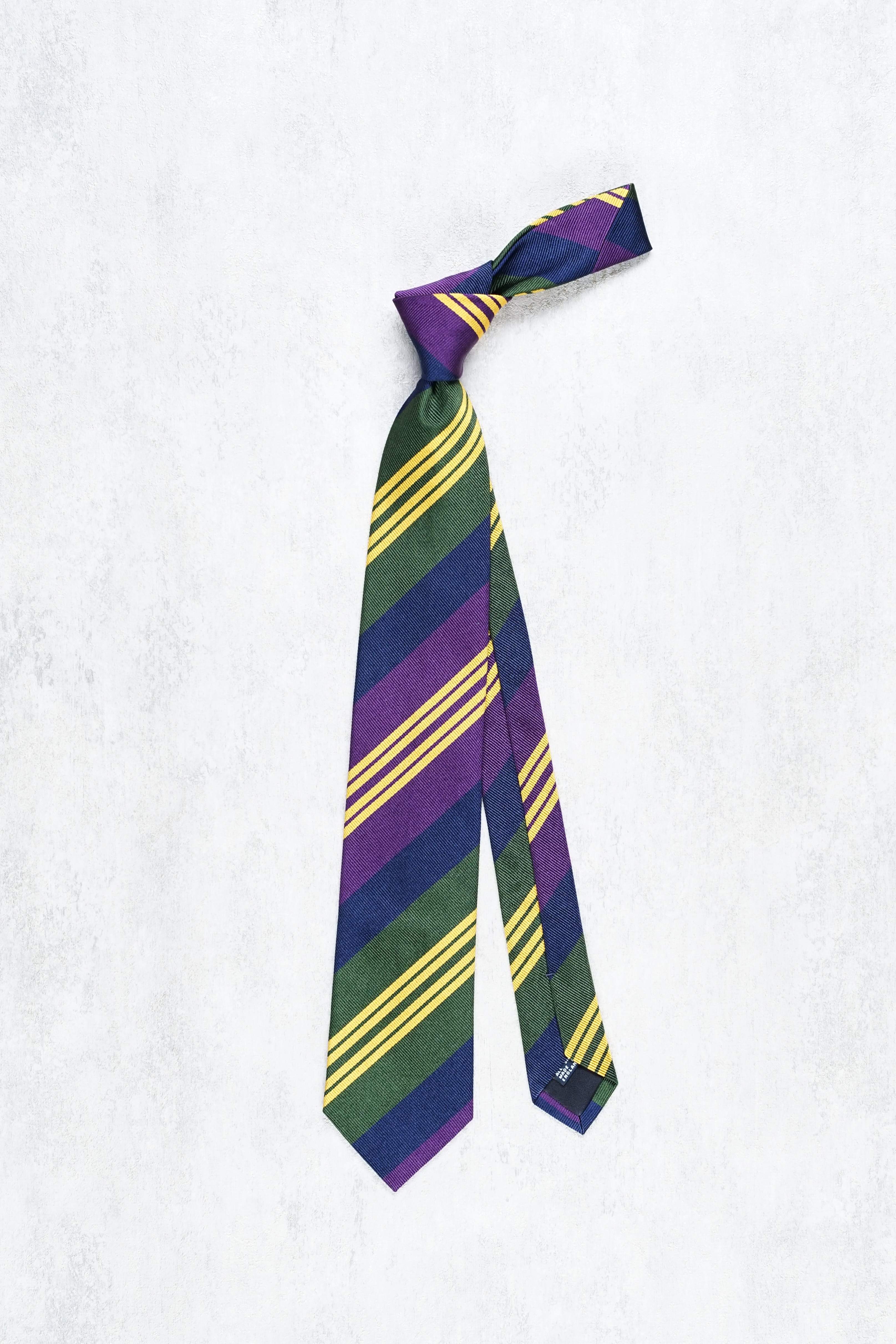 Drake's Purple/Green/Navy with Yellow Stripe Silk Tie