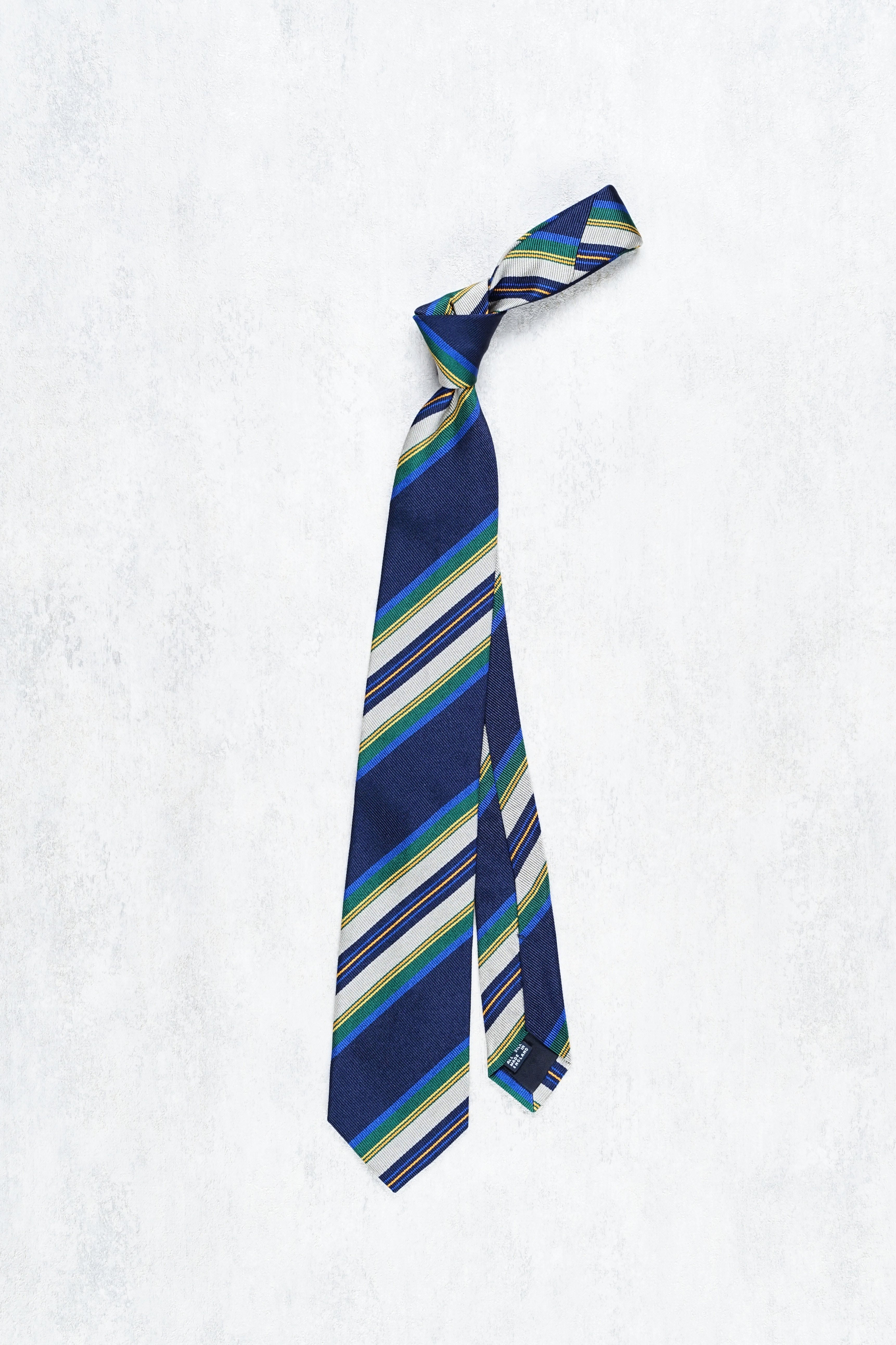 Drake's Navy with Green/Grey/Yellow/Orange/Blue Stripe Silk Tie