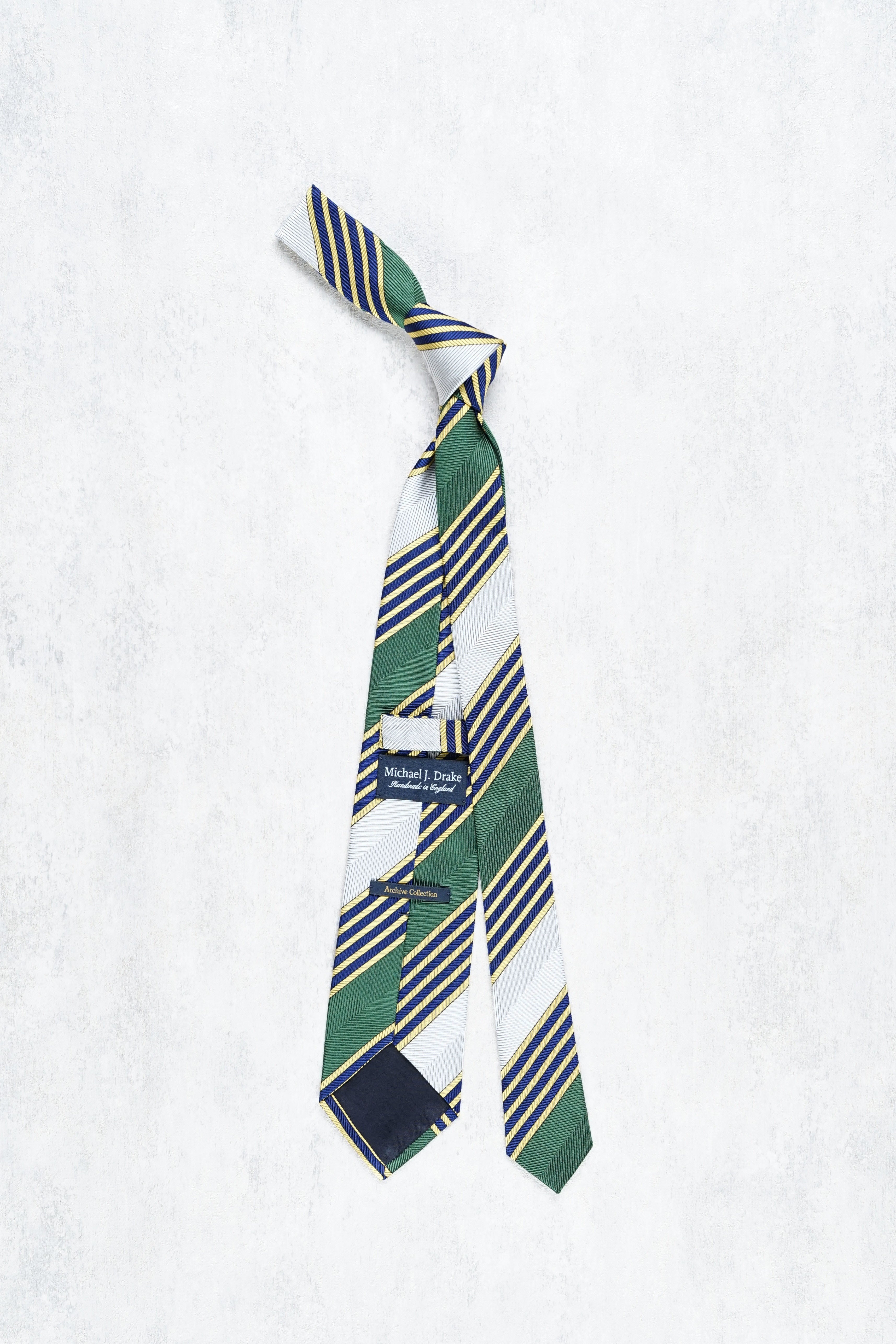Drake's Green/White with Yellow/Navy Stripe Herringbone Silk Tie