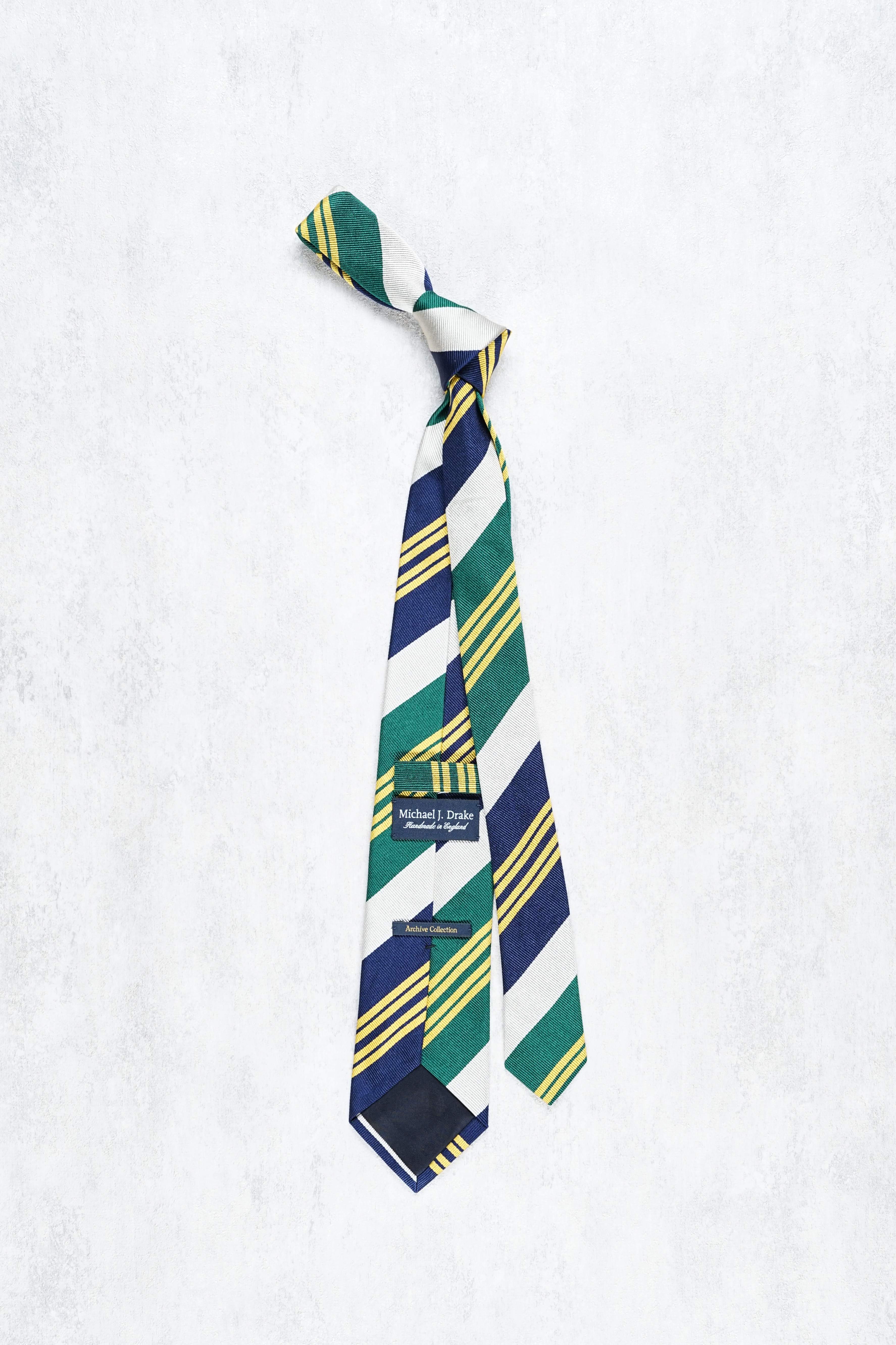 Drake's Green/Navy/Yellow/Grey Stripe Silk Tie