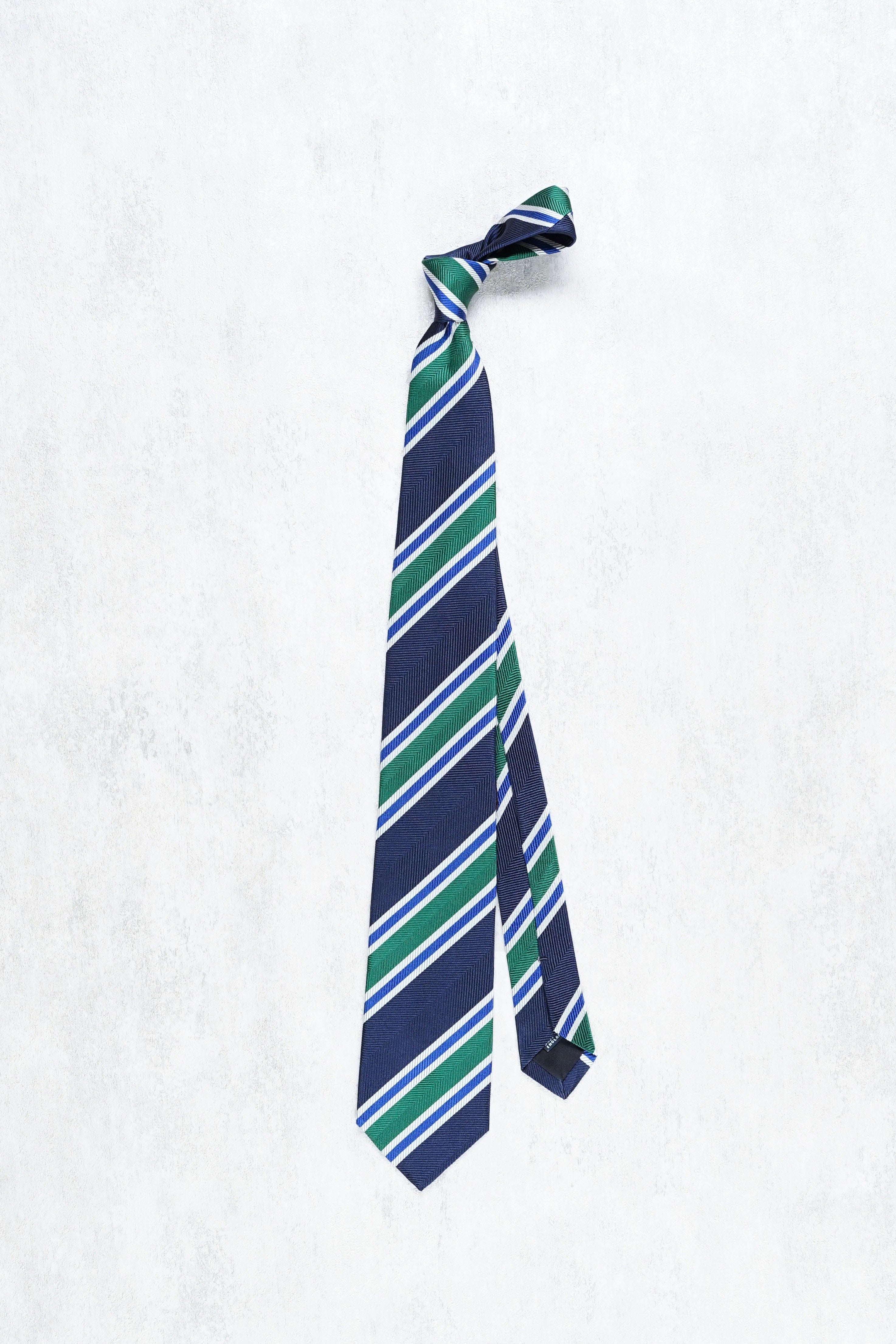 Drake's Navy with Green/White/Blue Stripe Herringbone Silk Tie