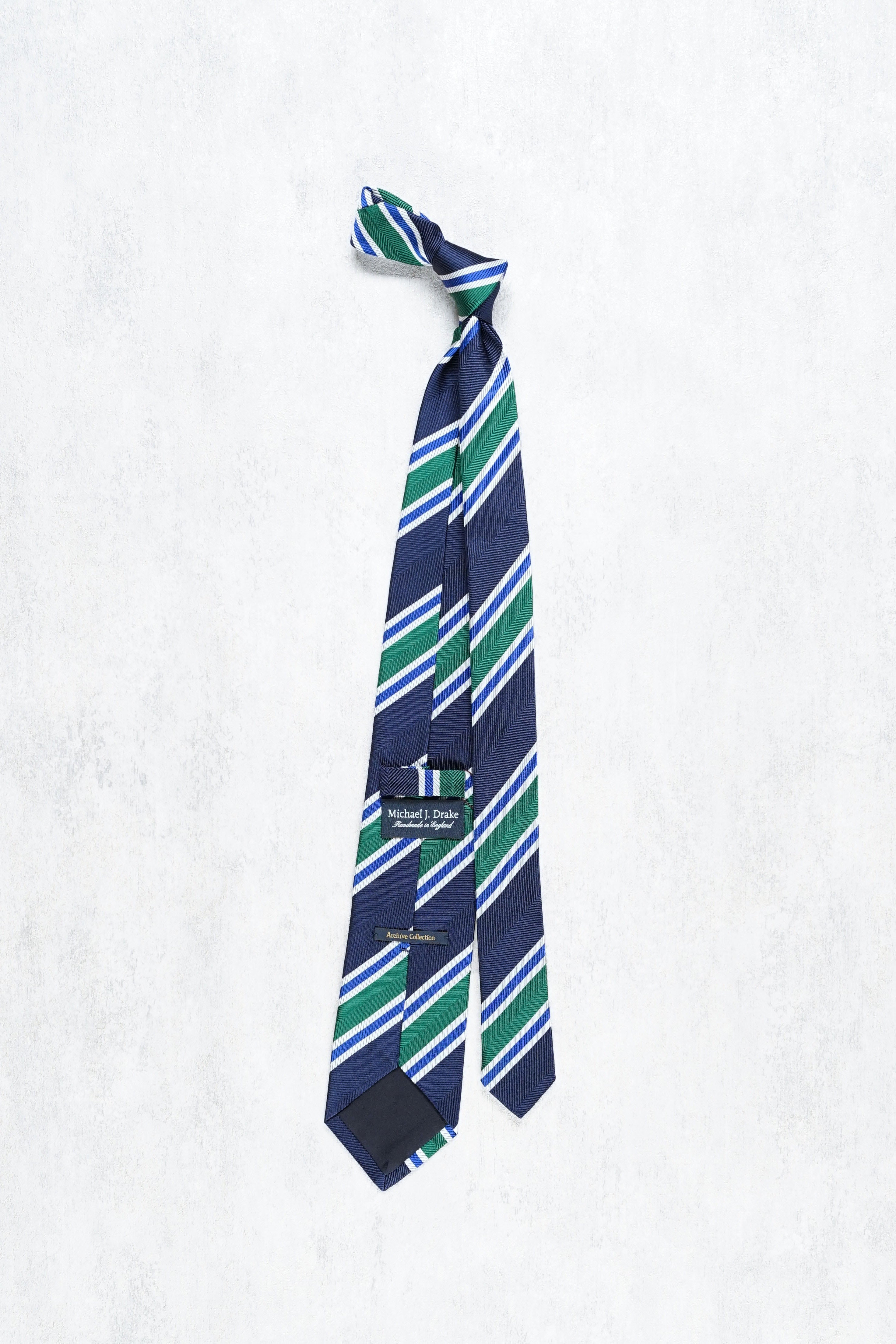 Drake's Navy with Green/White/Blue Stripe Herringbone Silk Tie