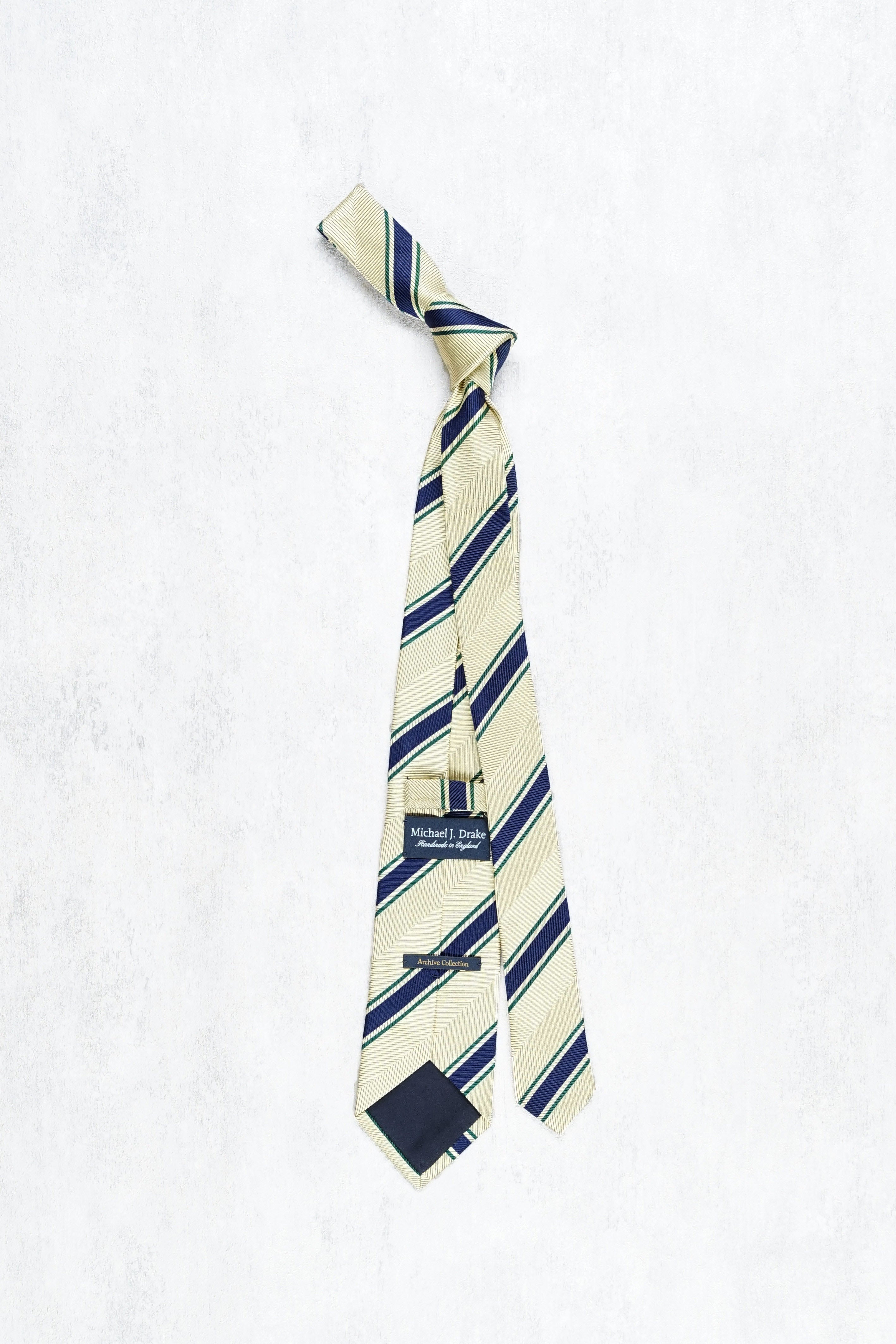 Drake's Beige with Navy/Green Stripe Herringbone Silk Tie
