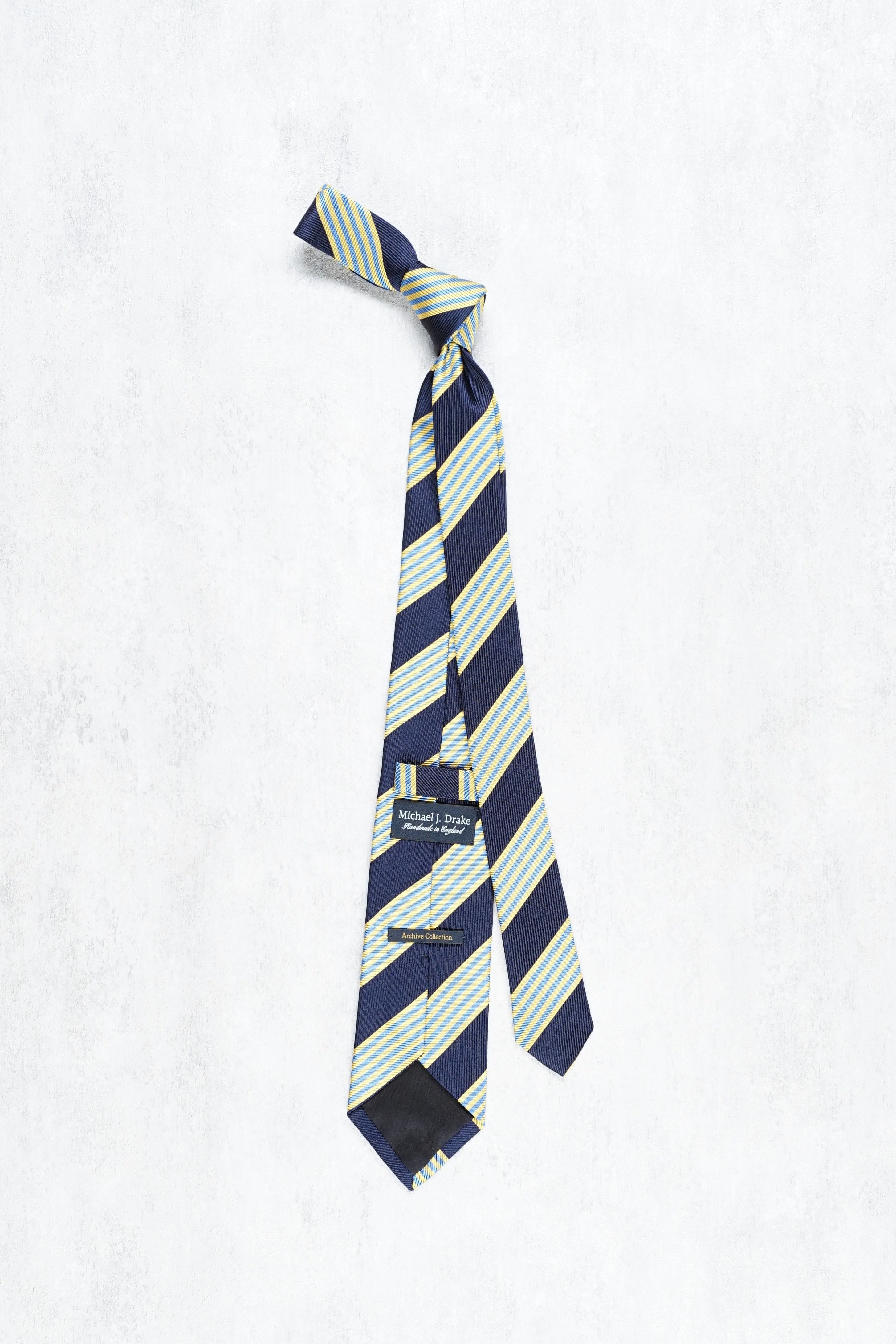 Drake's Navy with Yellow/Blue Stripe Herringbone Silk Tie