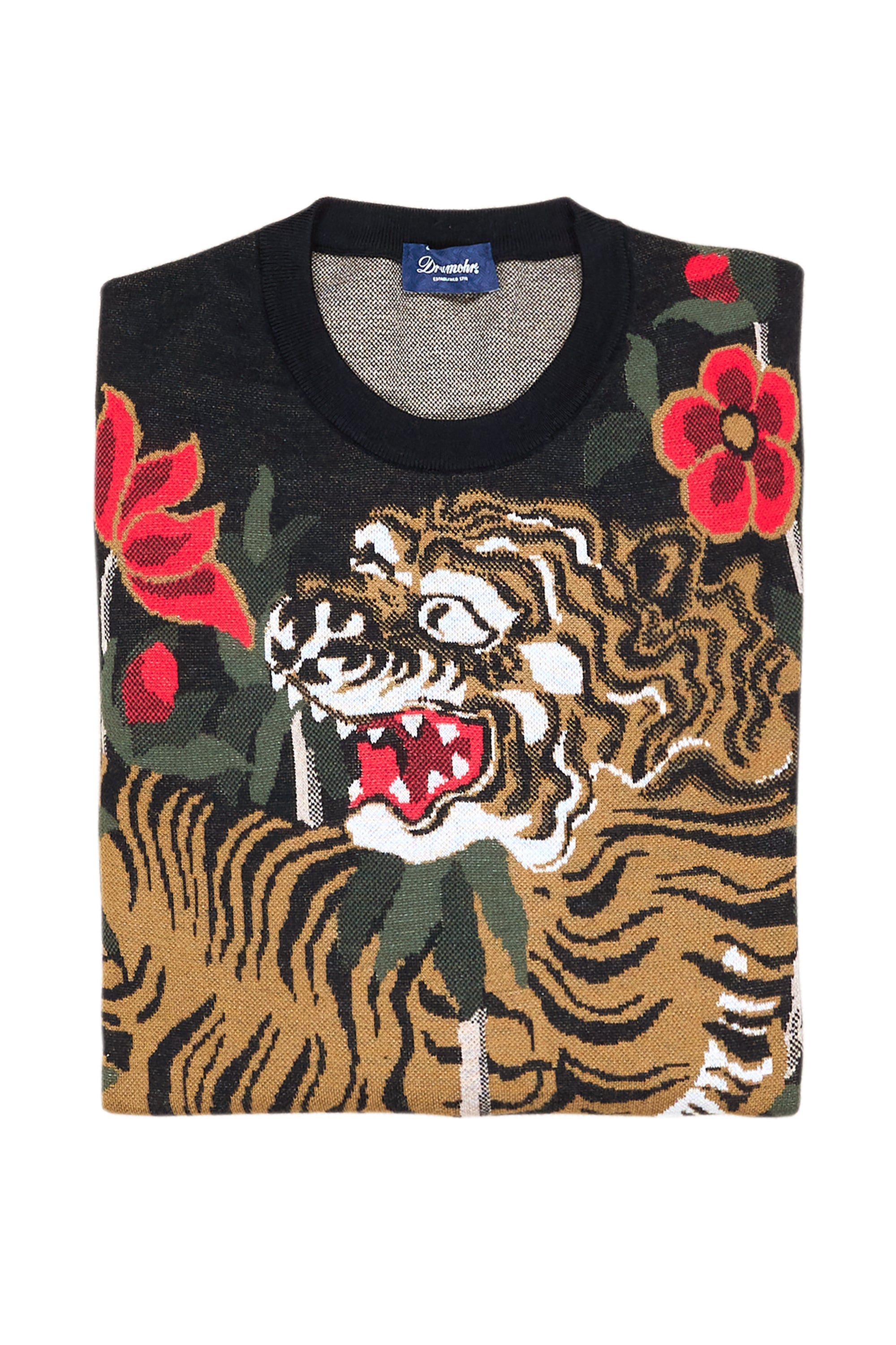 Drumohr Tiger Print Cotton/Cashmere Crewneck Sweater
