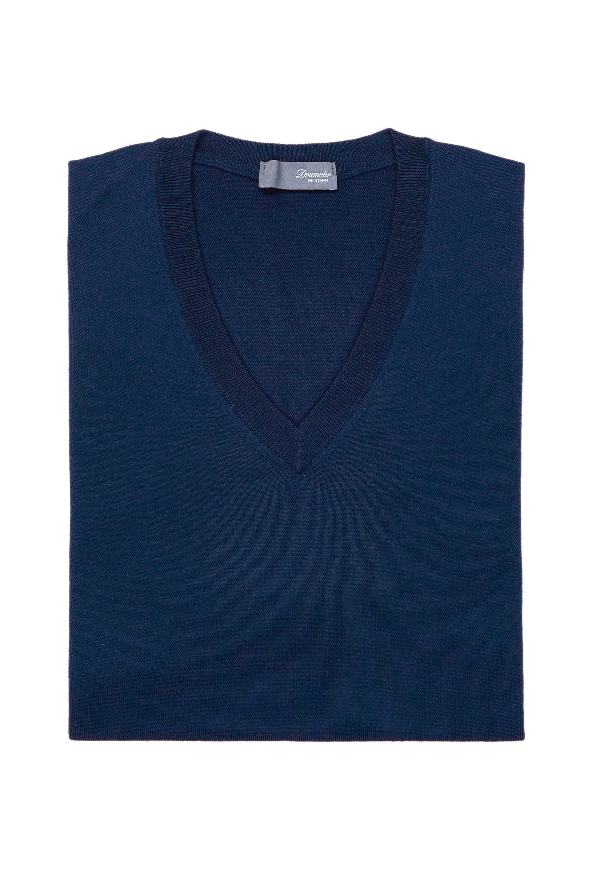 Drumohr Blue Navy Extra Fine Merino Wool V-neck Sweater