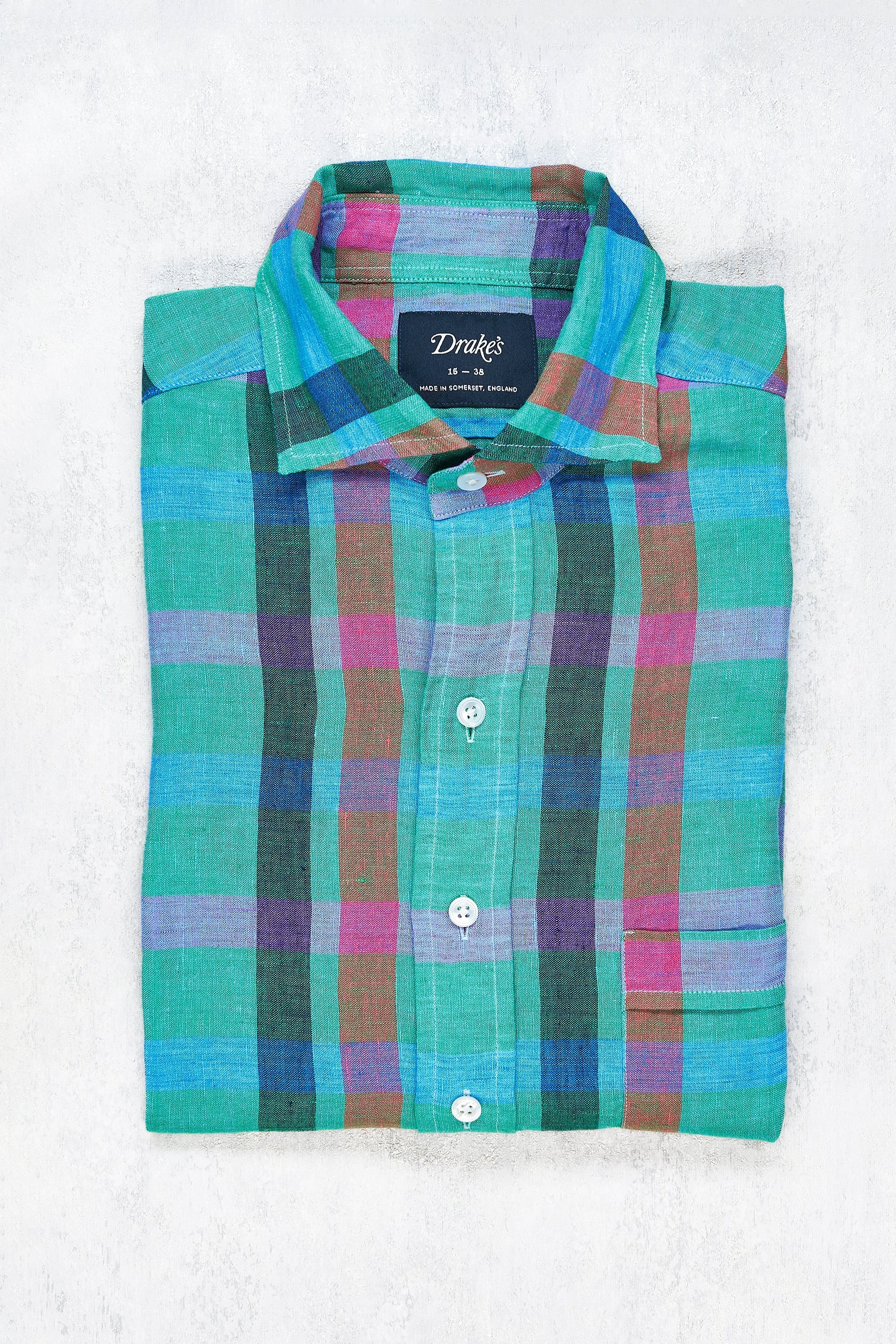 Drake's Green with Blue/Pink/Purple Check Linen Shirt