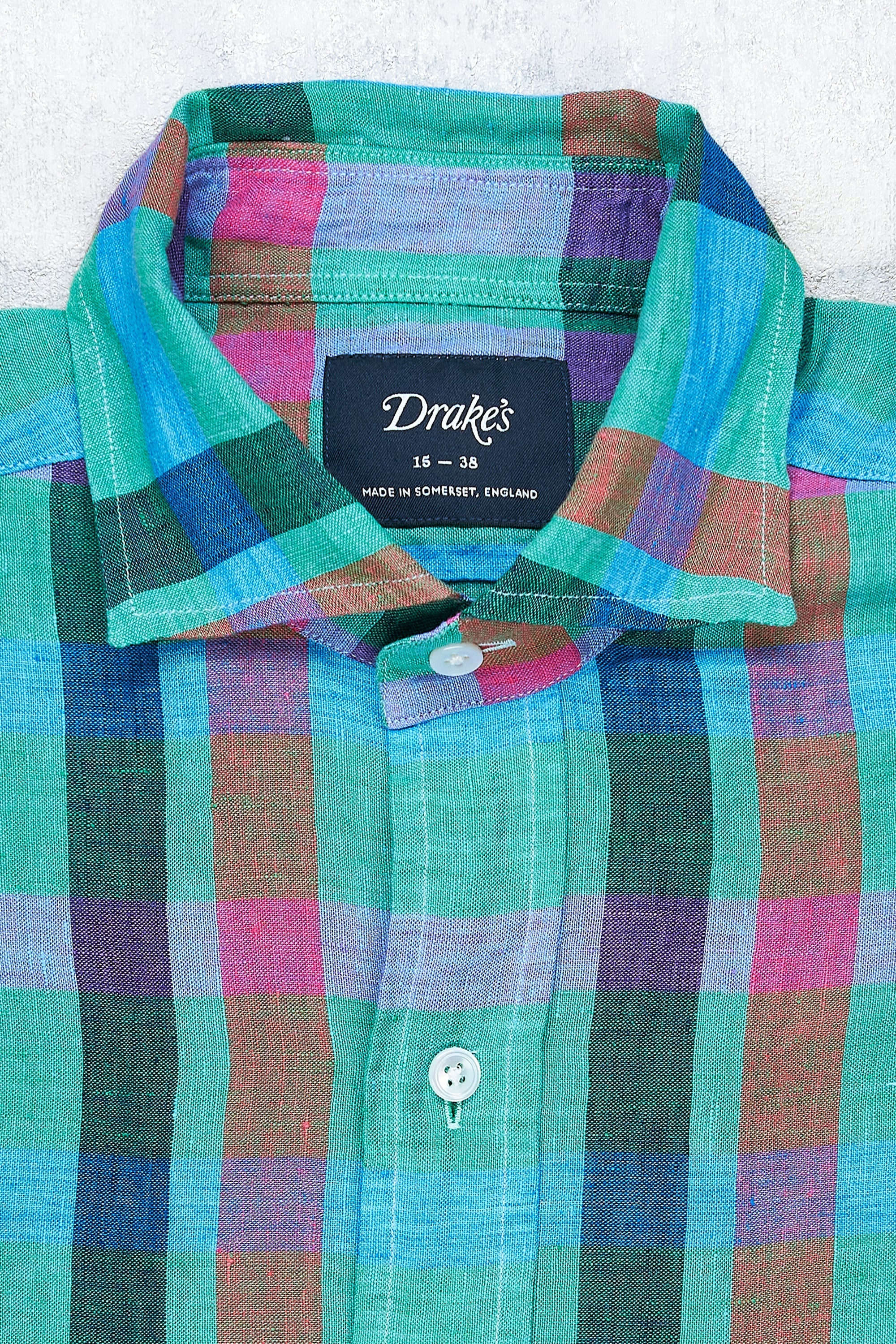 Drake's Green with Blue/Pink/Purple Check Linen Shirt