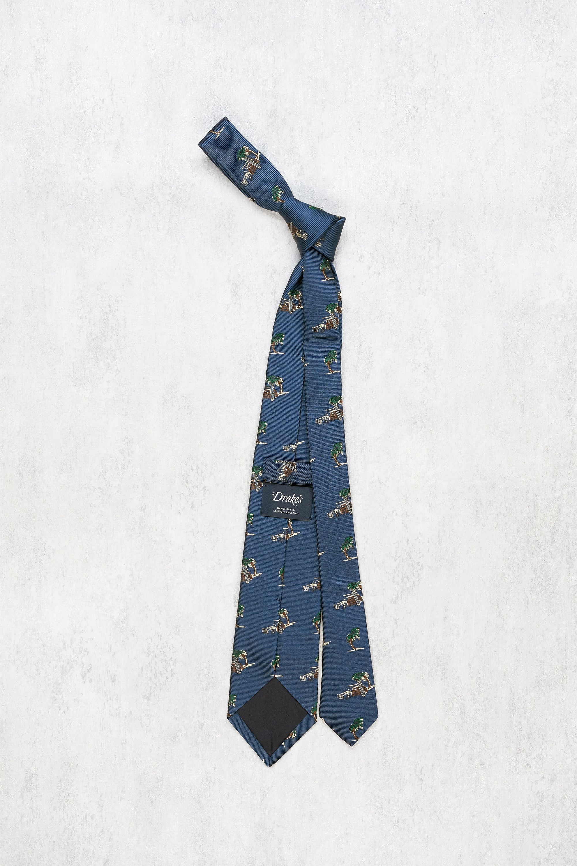 Drake's Blue with Car and Tree Pattern Silk Tie