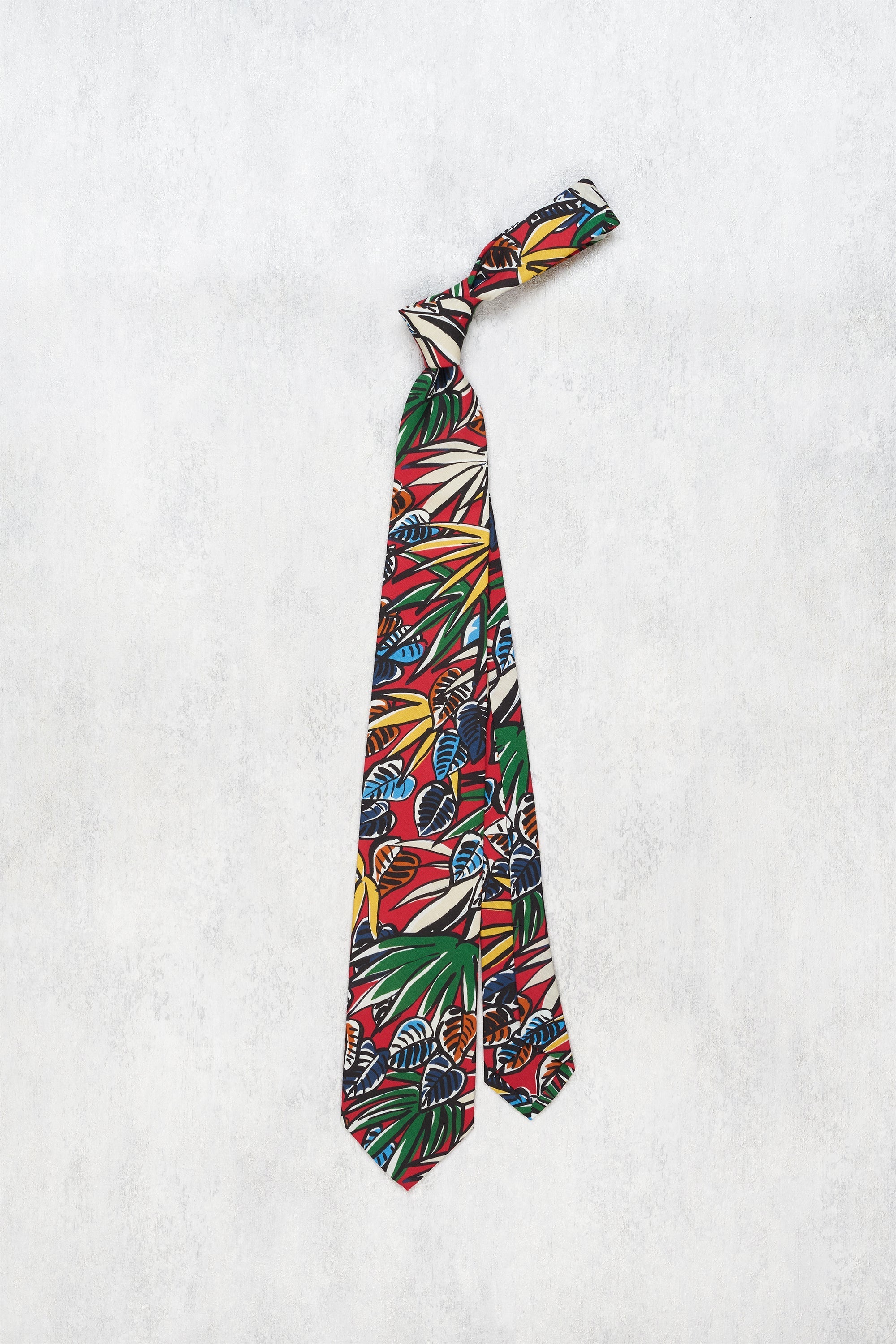 Drake's Red Colourful Leaves Pattern Linen/Cotton Tie