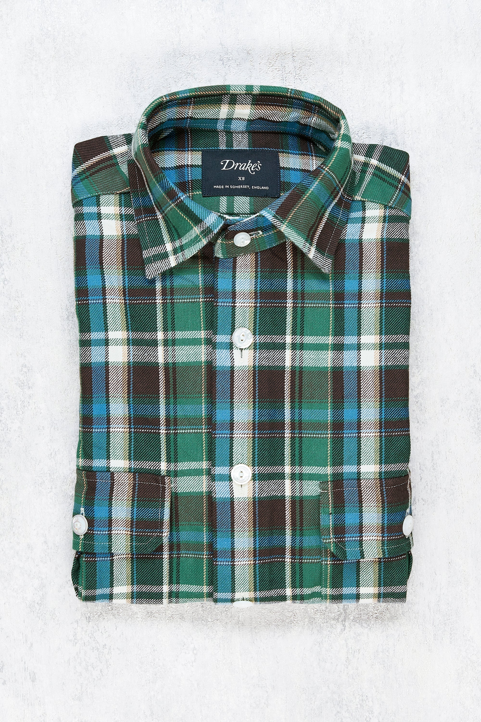 Drake's Green/Blue/Brown/White Check Cotton Shirt