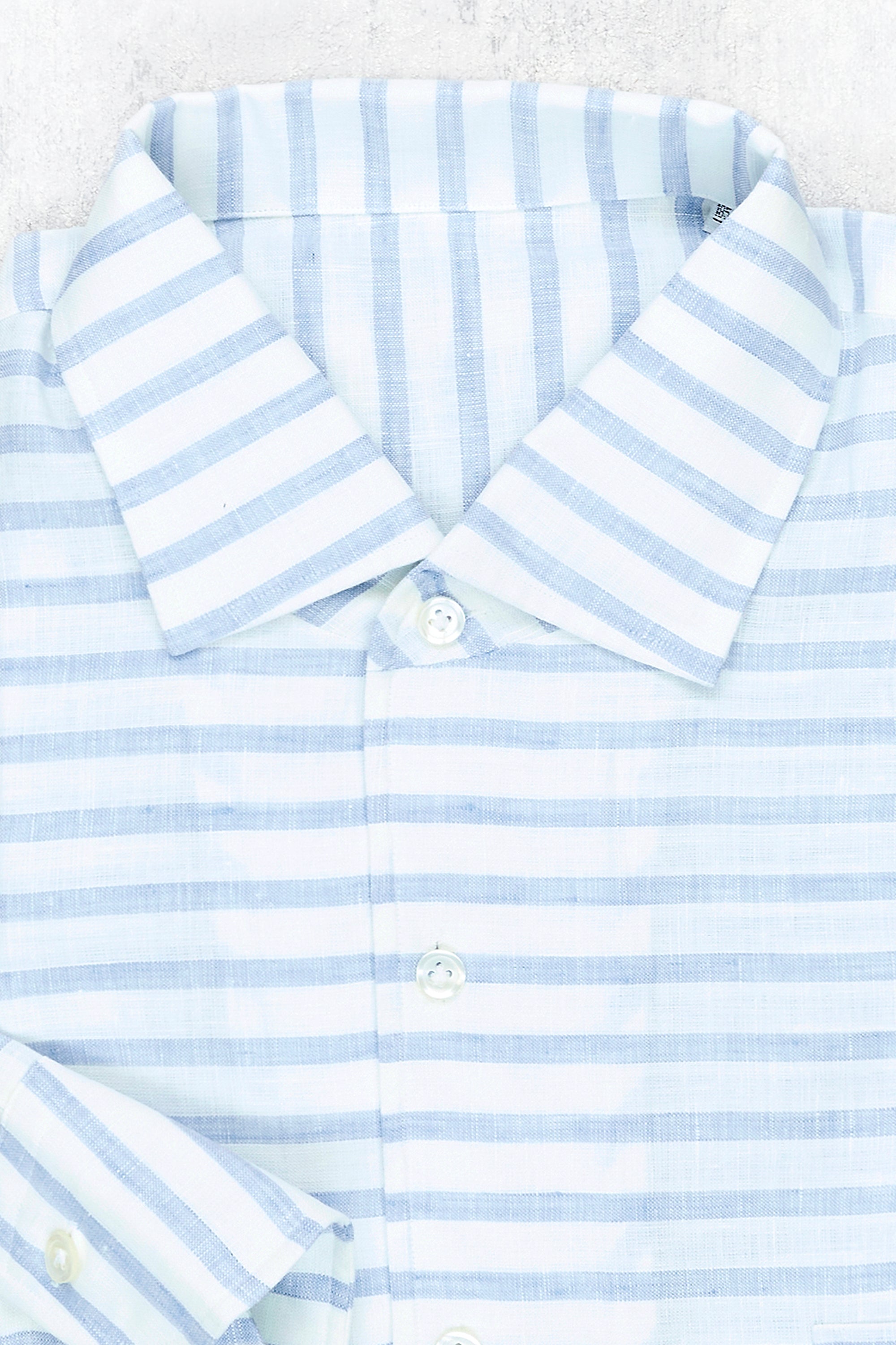 Patrick Johnson Blue and White Horizontal Stripe Linen Portsea Collar Shirt