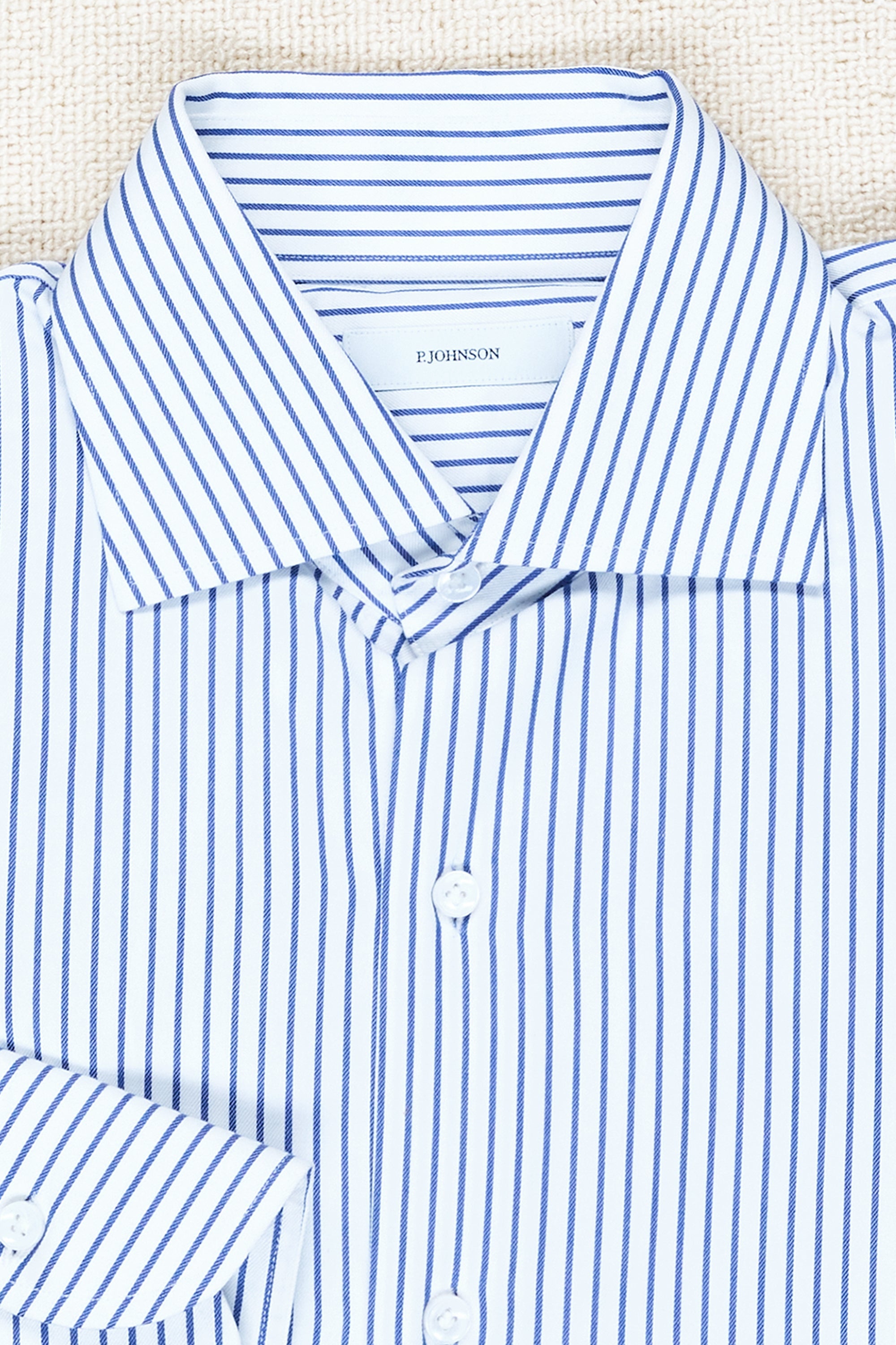 P. Johnson White with Navy Narrow Stripe Cotton Twill Spread Collar Shirt