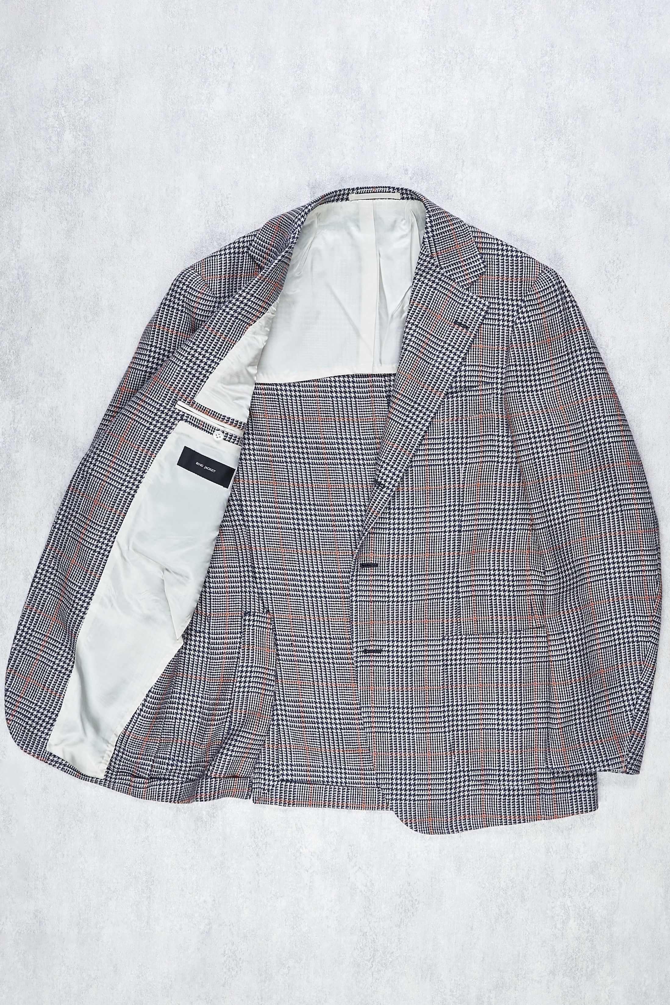 Ring Jacket 269 Navy White Orange Prince of Wales Check Wool-Linen Sport Coat