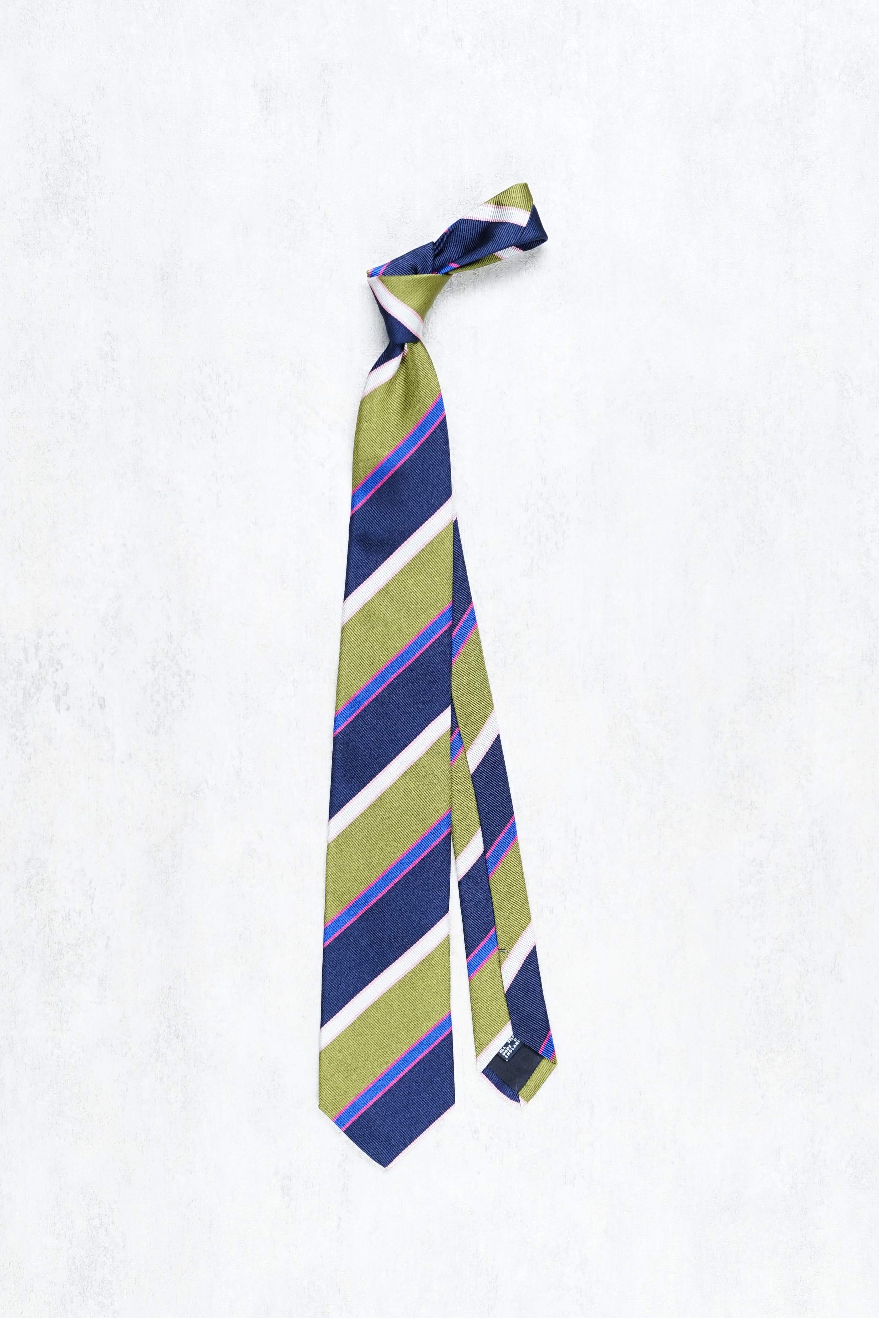 Drake's Olive/Navy with Blue/Grey/Pink Stripe Silk Tie
