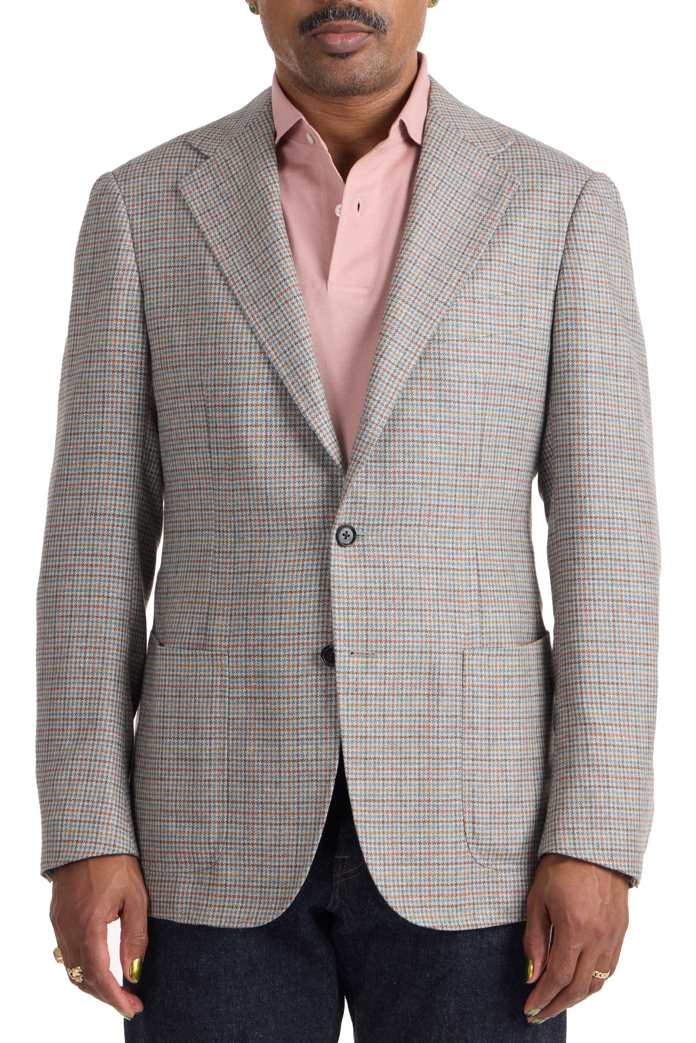 The Armoury Model 3 Beige/Blue/Salmon Check Wool Silk Sport Coat *sample*