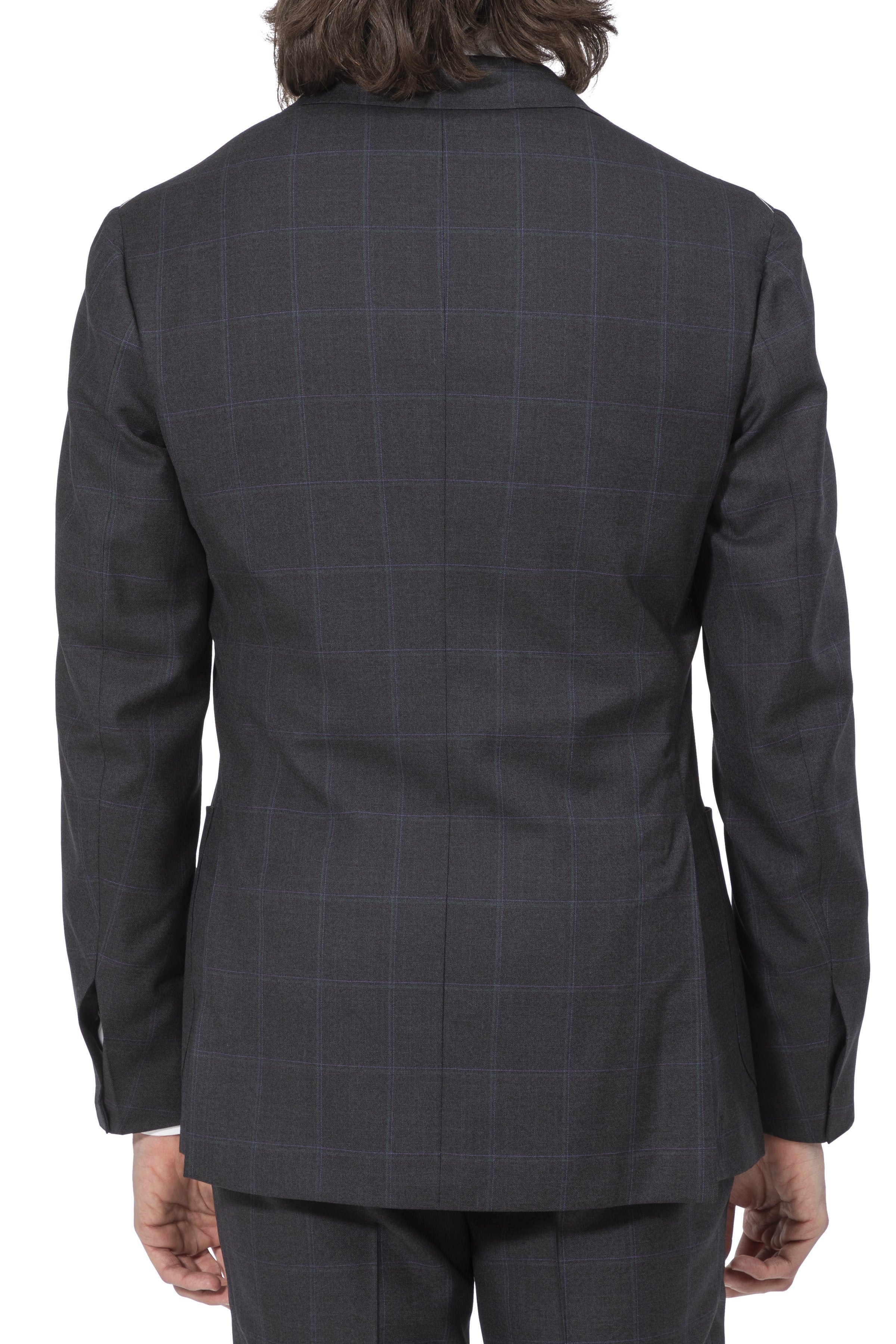 The Armoury by Ring Jacket Model 3A Dark Grey With Green-Purple Check Wool Suit