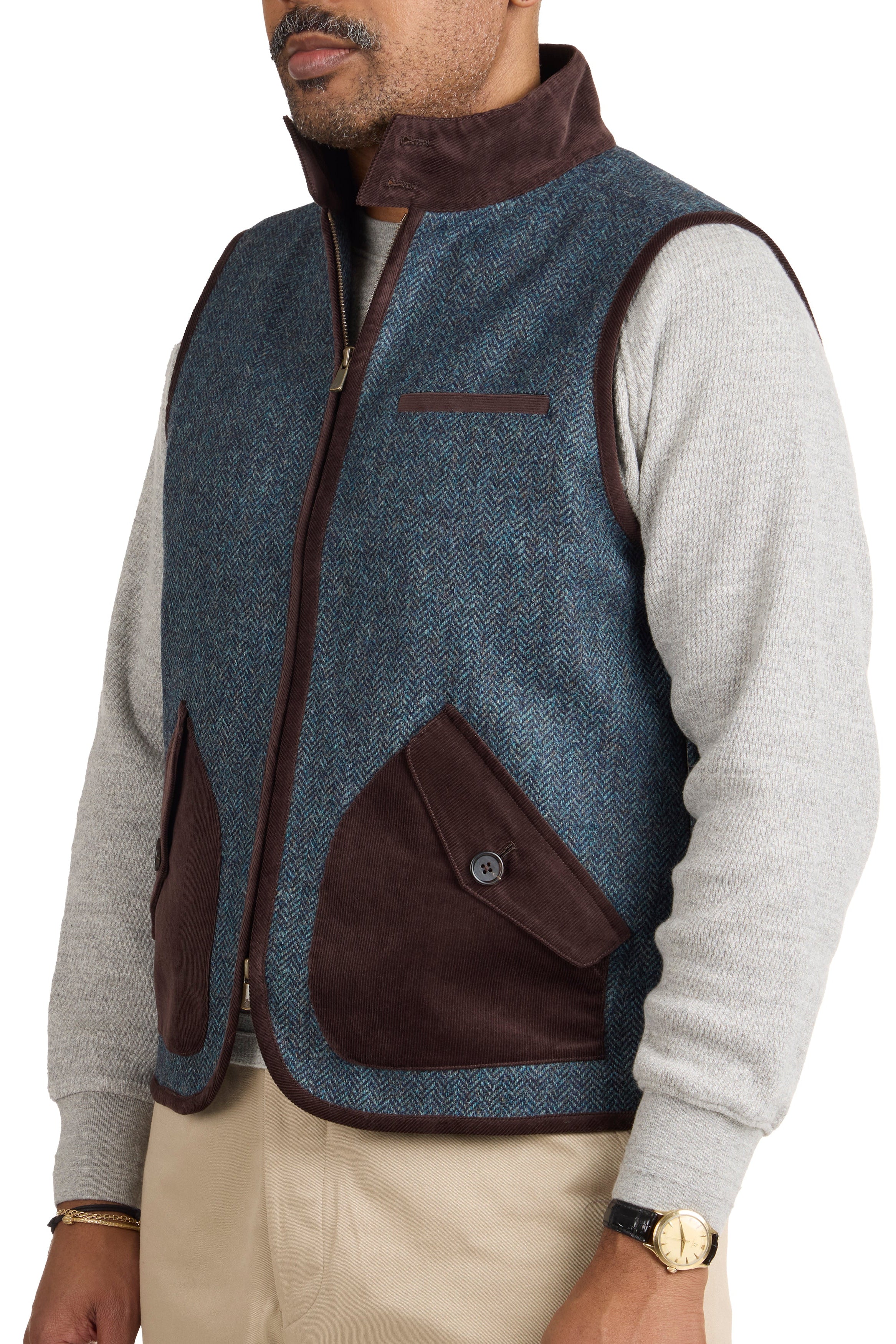 Ascot Chang Blue Wool Tweed Herringbone Calistoga Vest *sample*