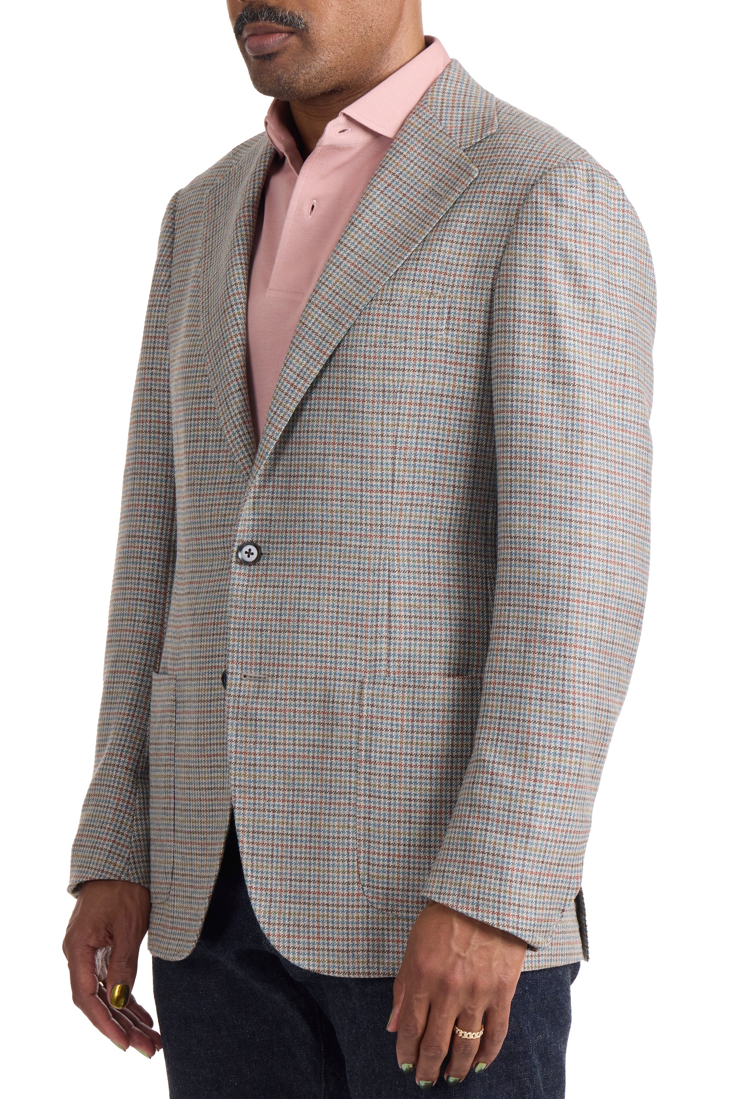 The Armoury Model 3 Beige/Blue/Salmon Check Wool Silk Sport Coat *sample*