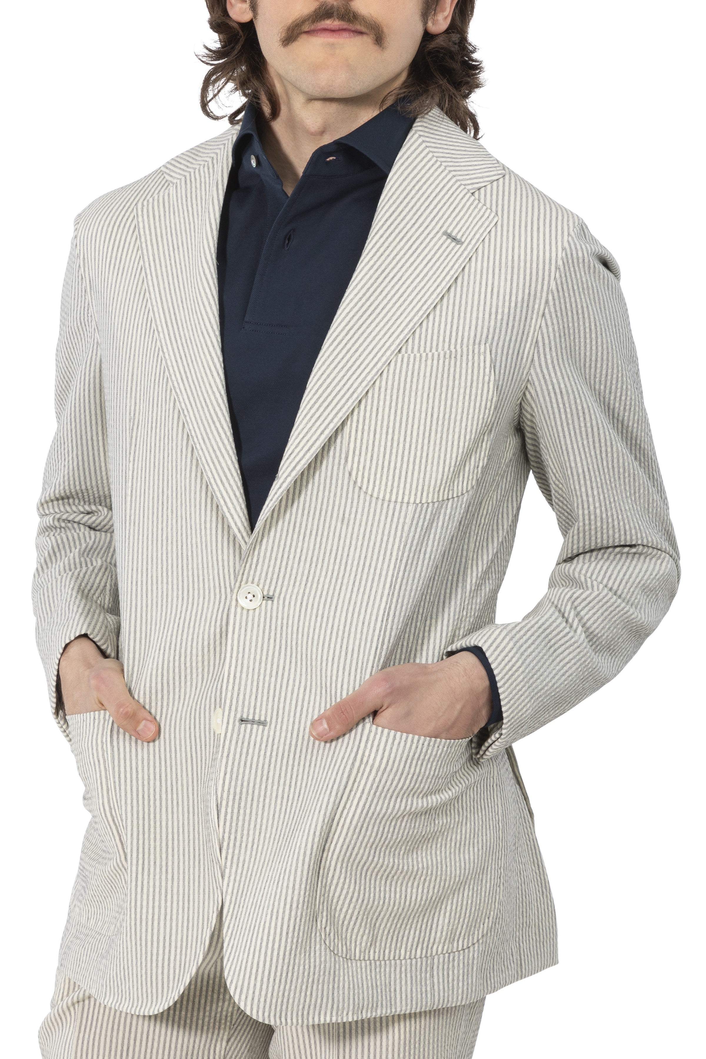 The Armoury by Ring Jacket Model 7A Grey-White Stripe Wool Seersucker Suit