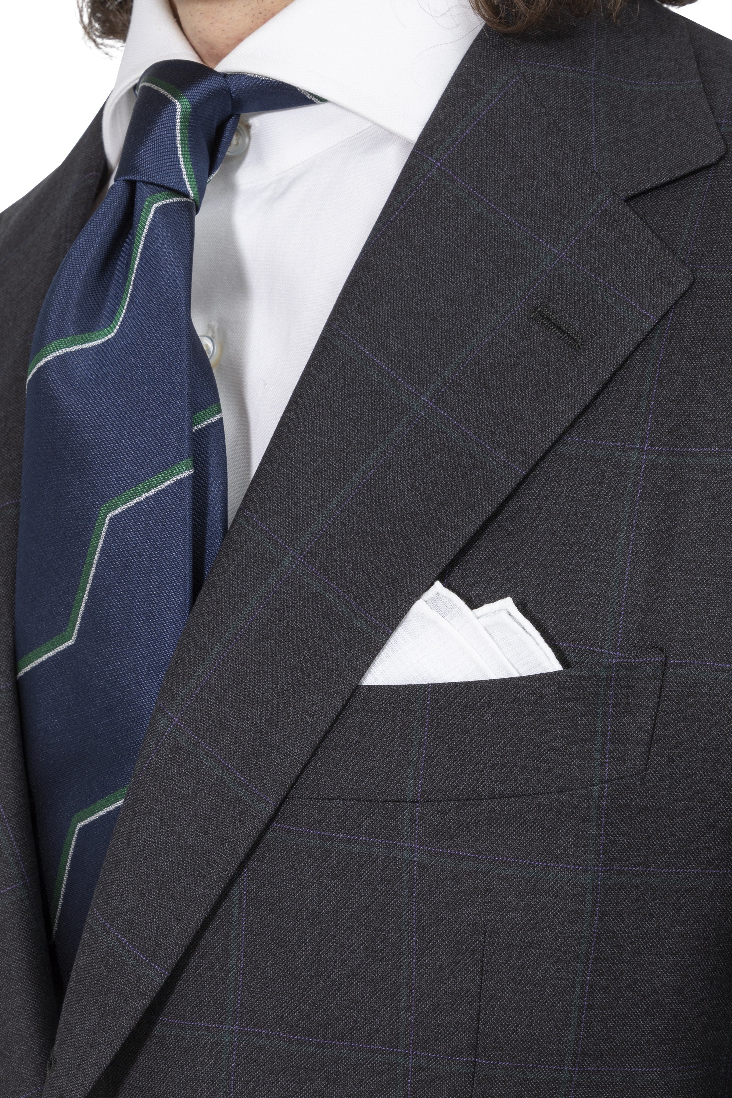 The Armoury by Ring Jacket Model 3A Dark Grey With Green-Purple Check Wool Suit