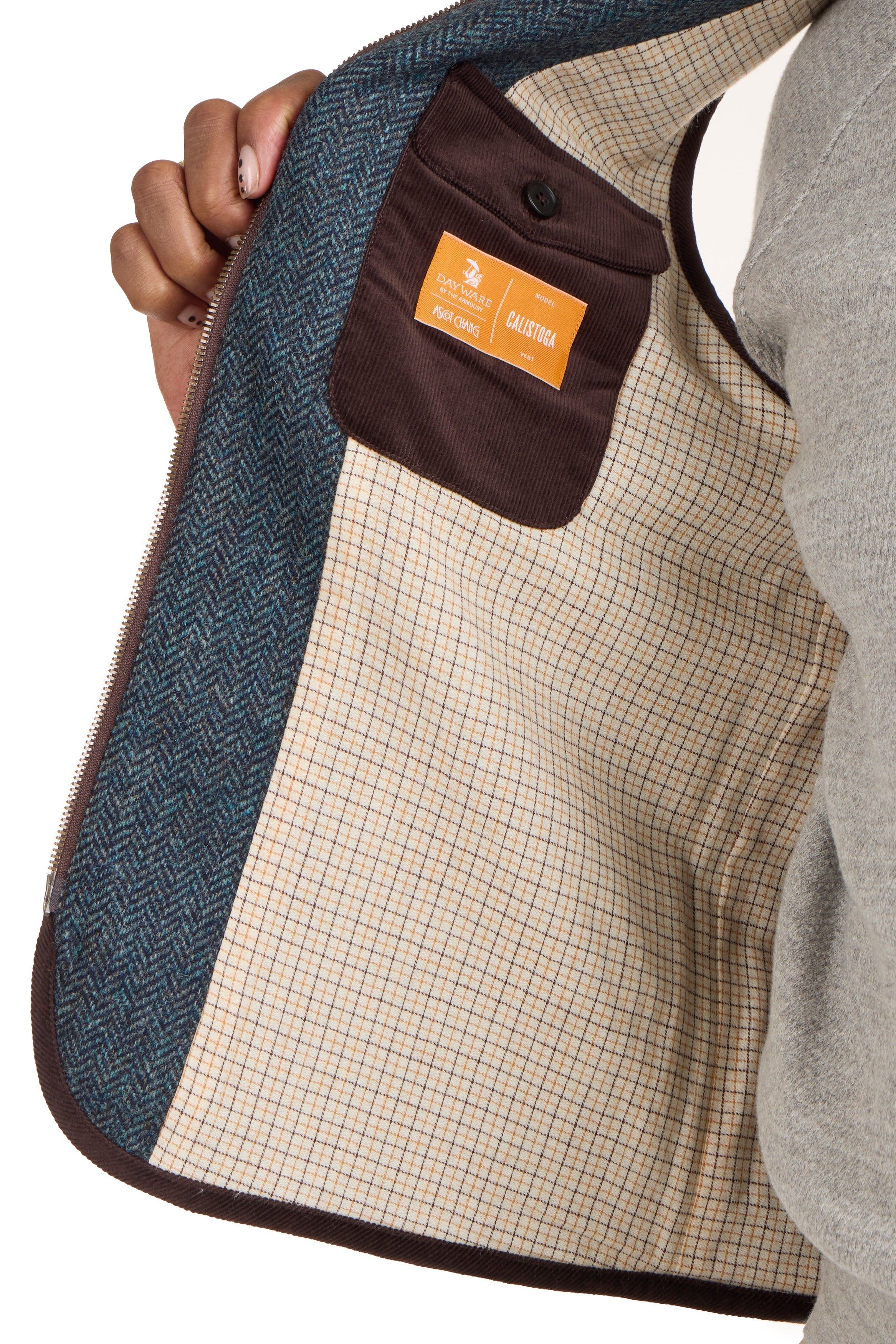 Ascot Chang Blue Wool Tweed Herringbone Calistoga Vest *sample*